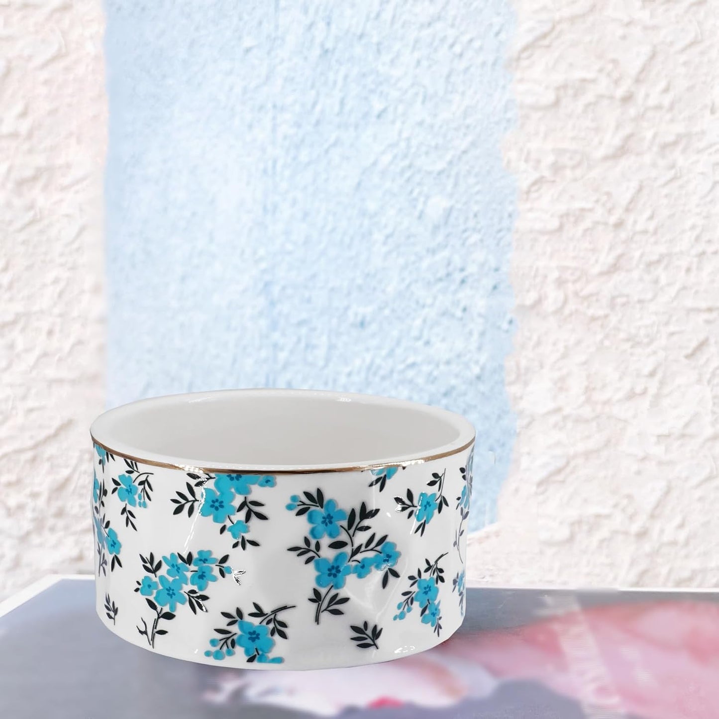 Paper Clip Holder Ceramic Paper Clip Holders Floral Paperclips Holder Dispenser Cute Gold Line Paper Clip Organizer for Desk Binder Clip Holder Bobby Pin Hair Gift for Office Teal Flowers
