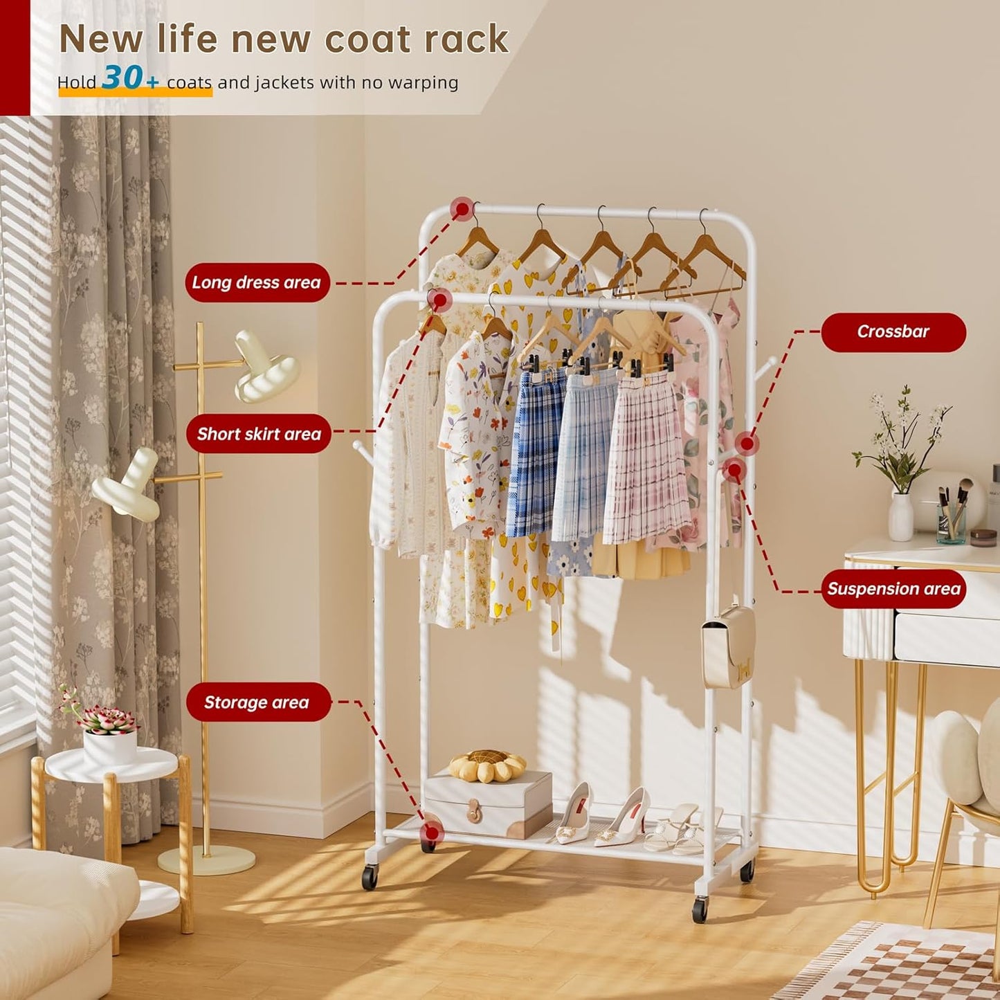 Clothes Garment Coat Rack Drying Clothing Racks Metal Freestanding for Hanging Clothes Portable Closet for Laundry Bedroom White
