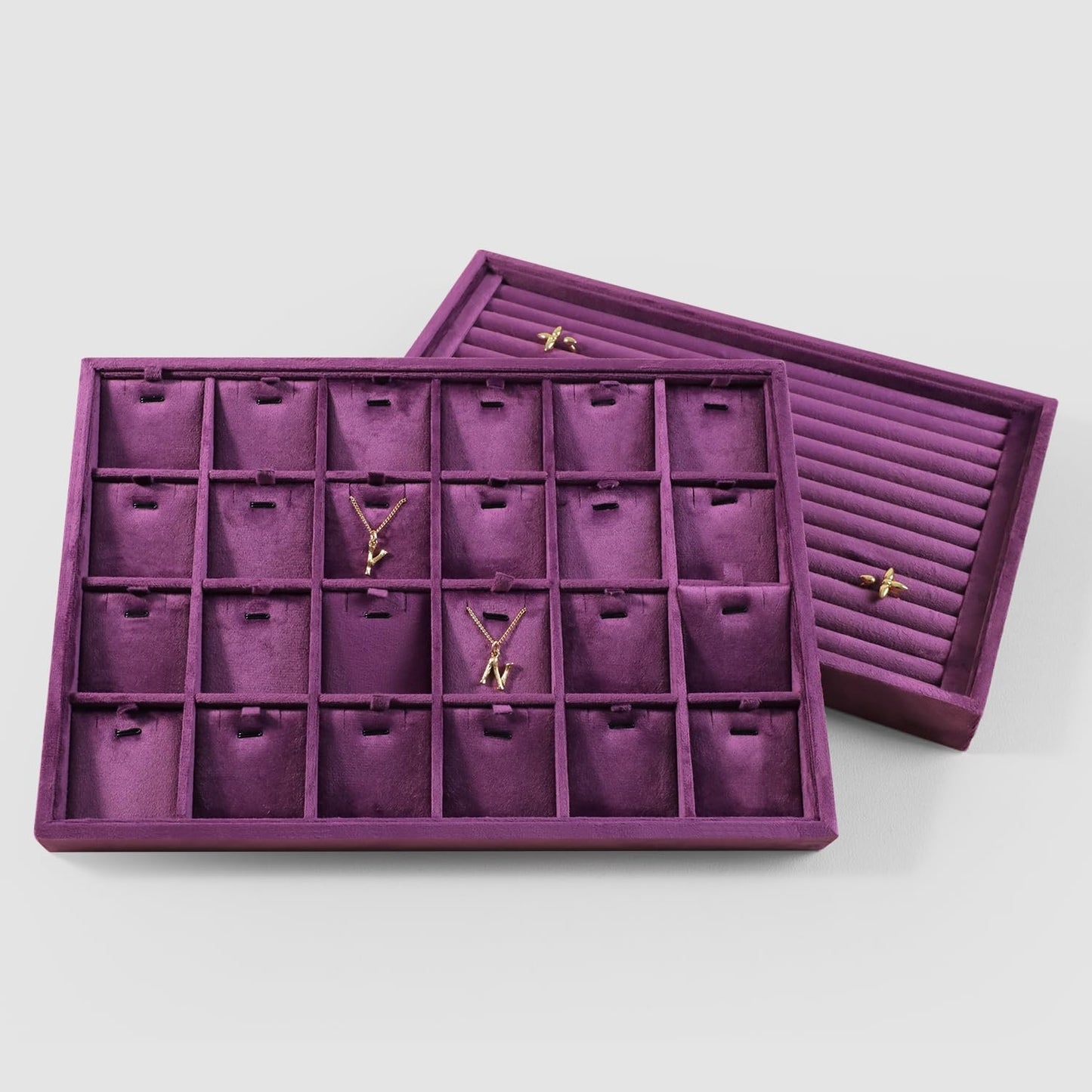 Velvet Necklace Display Tray, Stackable 24 Grid Insert Pendant Necklaces Storage Holder Plate, Jewelry Retail Countertop Organizer (Purple)