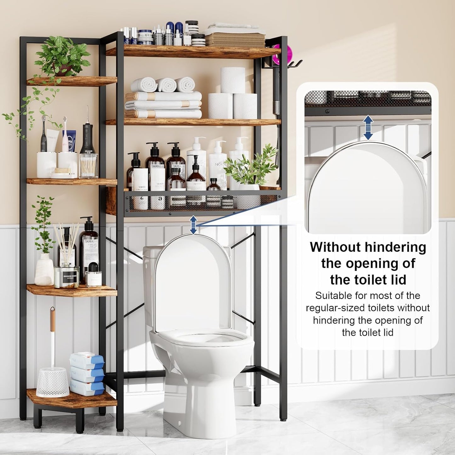 K1 Heavy Duty 7-Tier Over The Toilet Storage(With Basket and Paper Hook)Freestanding Above Toilet Shelf with Adjustable Feet,Space Saver Bathroom Shelves 9.3"D x 33.5"W x 63.8"H,Rustic Brown