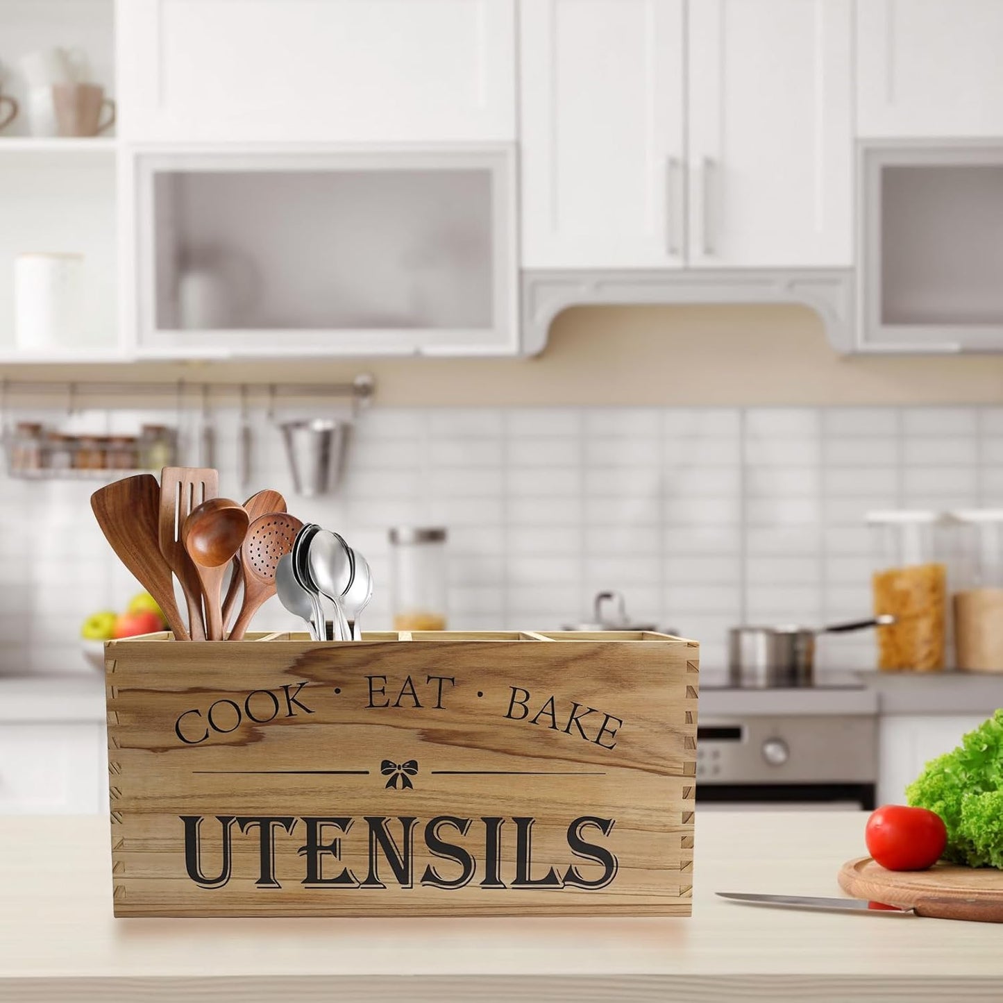 Utensil Holder for Bakers and RV Kitchens - Extra Large 4 Compartment Wooden Countertop Organizer Storage for Cooking Tools, Kitchen Utensils, Daily Essentials in Solid China Fir Wood