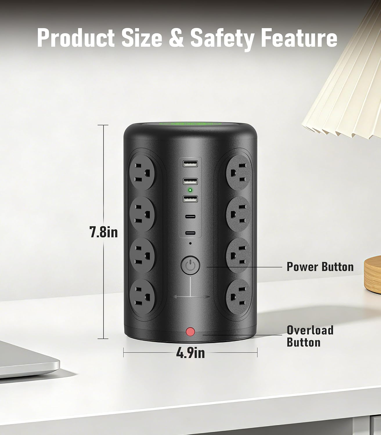 Power Strip Tower Surge Protector, TenTrend 16 Outlets and 5 USB Ports (2 USB-C), 2000 Joules Charging Station, 6FT Flat Plug Extension Cord for Home Office Dorm Room Essentials, Black
