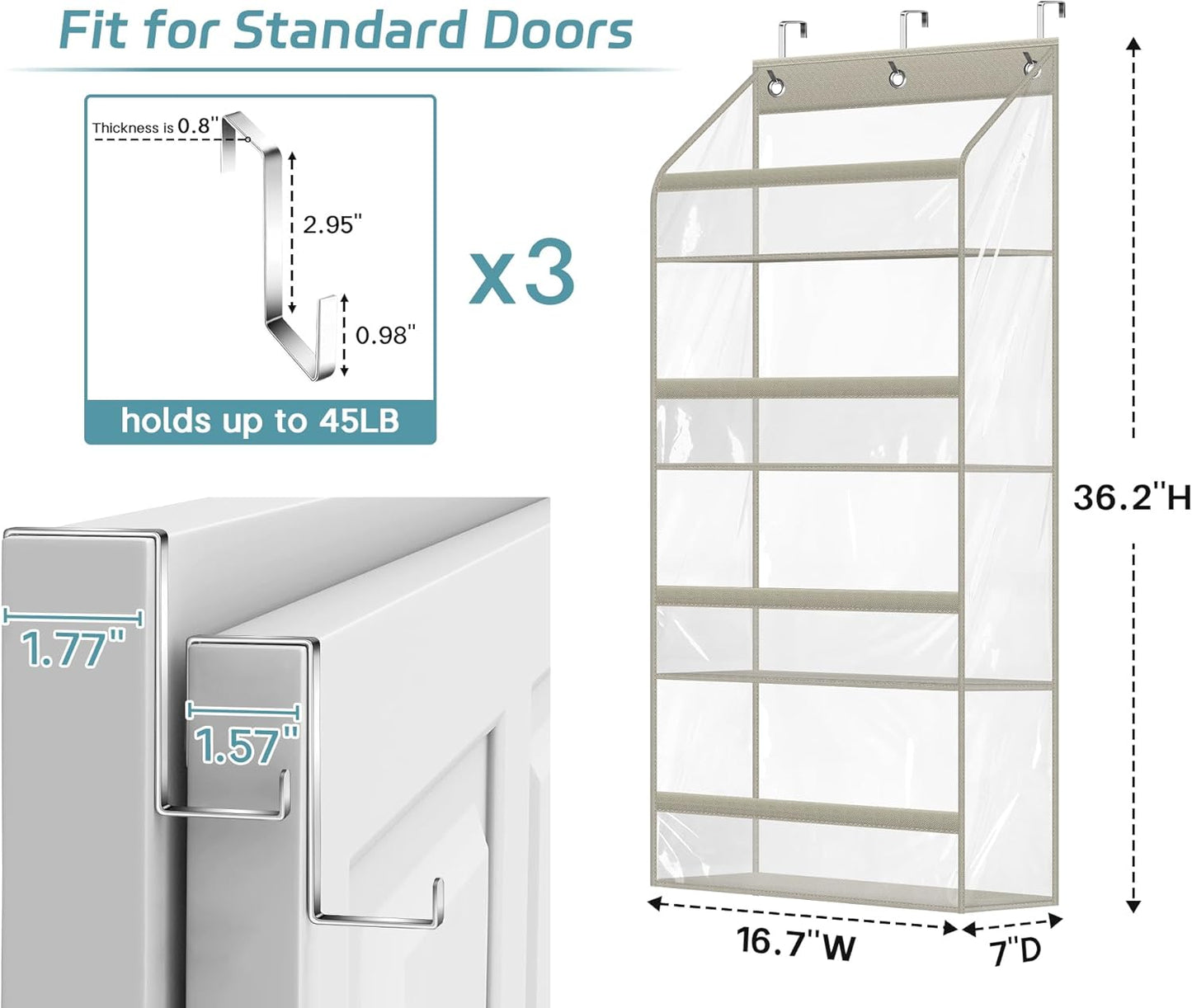 AOODA Clear Over the Door Hat Racks for Baseball Caps, Hold 48 Caps Hat Storage Organizer for Closet Wall, Deep Pockets Hanging Snapback Holder Shelves with 3 Hooks, Grey