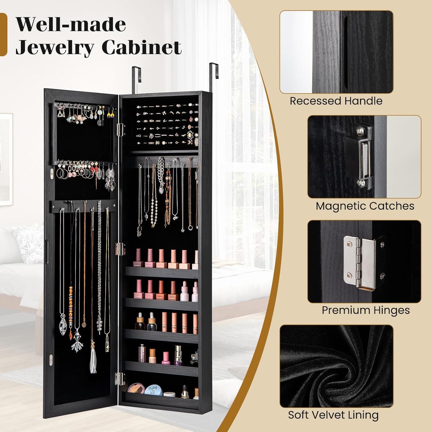 Giantex Wall or Door Mounted Jewelry Cabinet with Full Length Mirror, Over The Door Jewelry Armoire Organizer, Hanging Storage Cabinet with Necklace Hooks, Earring Slots, Ring Slots & Shelves (Black)