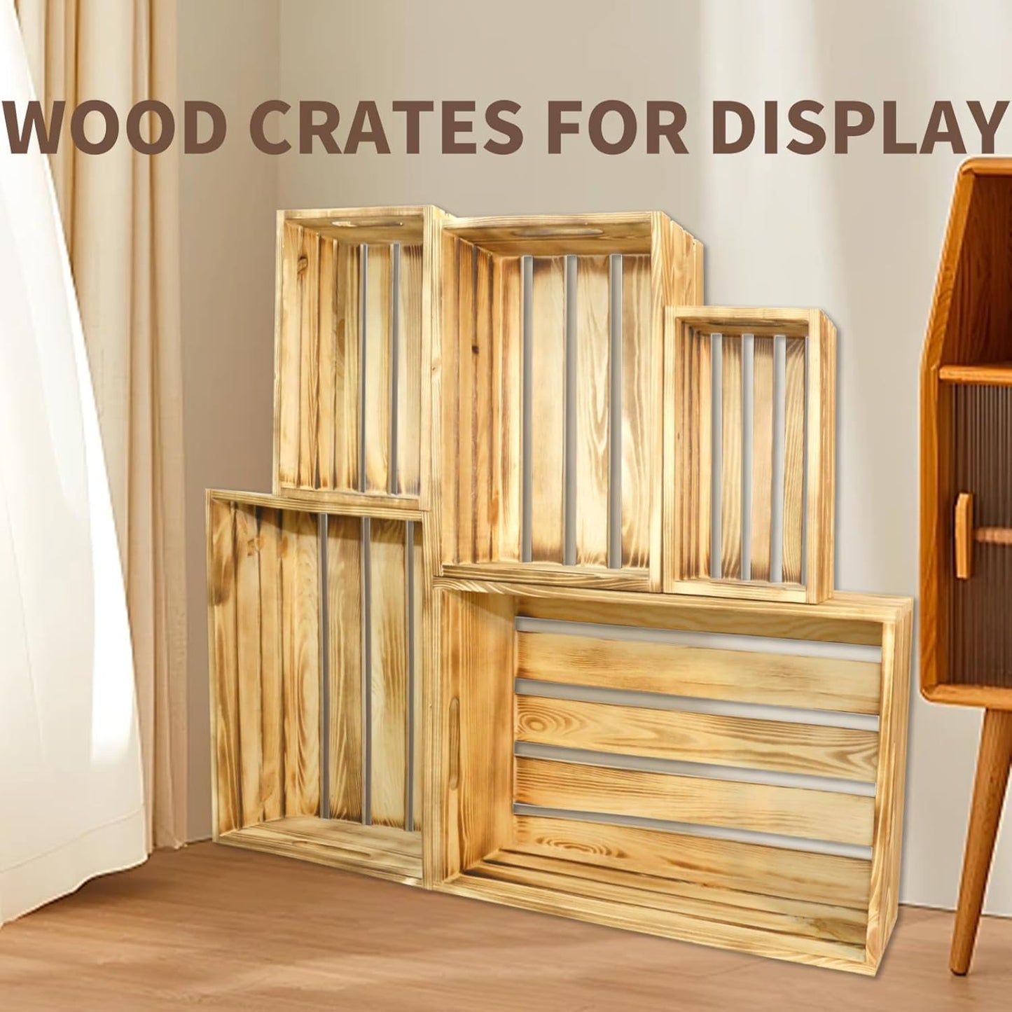 5 Pcs Decorative Wood Crates for Display, 5 Size Large Farmhouse Wooden Basket for Storage Container and Decorations, Rustic Nesting Crates Decor Boxes with Handle