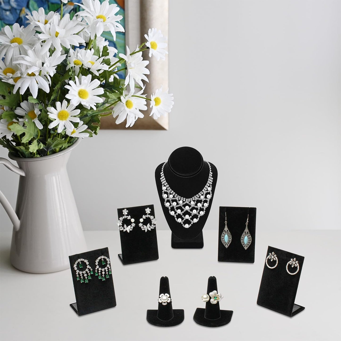 MOOCA Jewelry Display Set, Necklace Display Bust, Earring Organizer, Ring Holder Stand for Showcase and Store, Premium Fabric