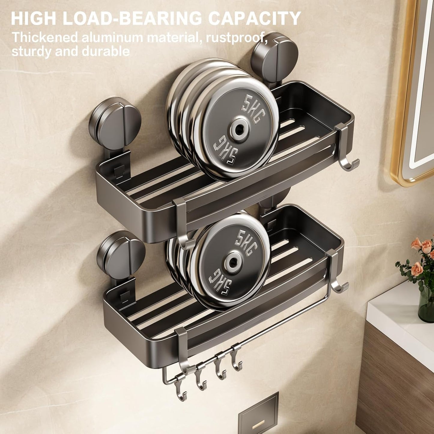 VOLPONE Shower Caddy Suction Cup, 1 Pack Corner Shower Shelves No Drilling, Showers Organizer Storage with Towel Bar & Removable Hooks, Bathroom Shower Shelf Rack for Inside Showers, Square