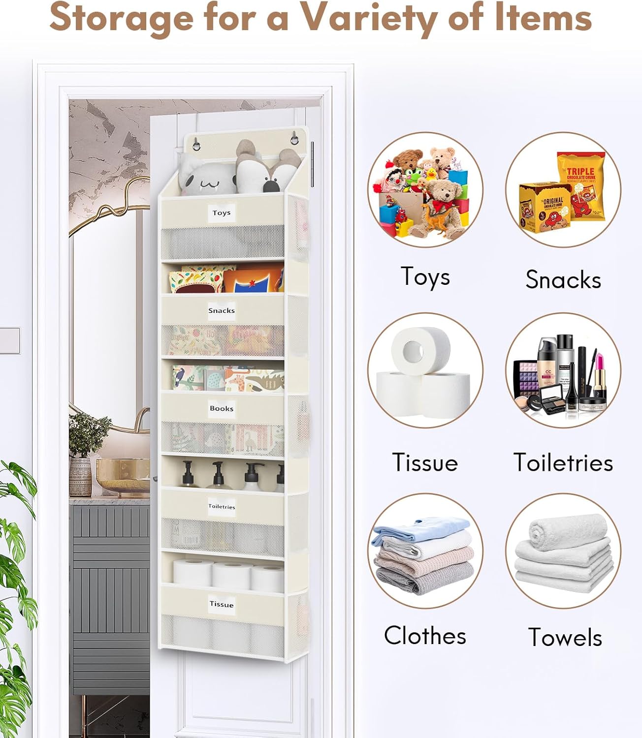 Over The Door Organizer Hanging, 5 Shelf Behind The Doors Storage, Pantry Door Organizer, Closet Organizers for Bedroom and Nursery (Beige)