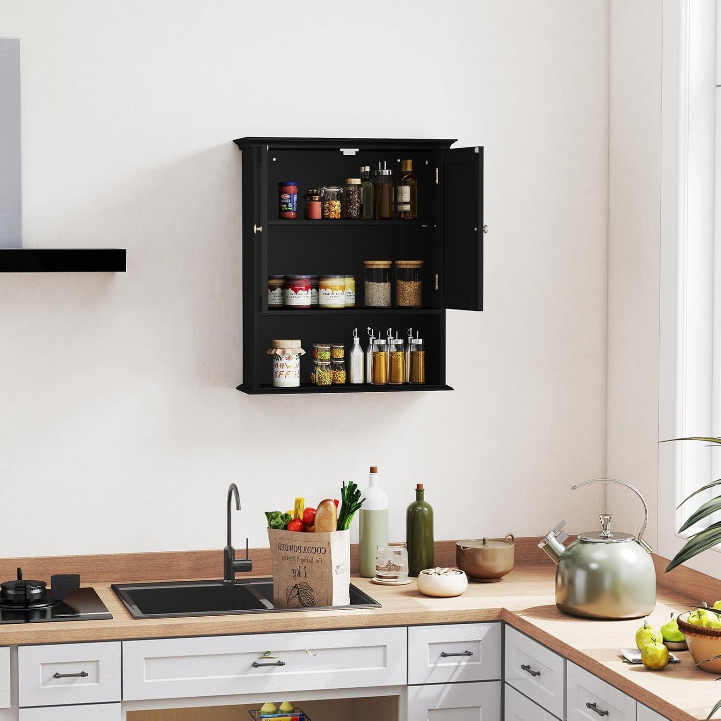 Tangkula Bathroom Wall Cabinet, Wooden Hanging Storage Cabinet with Doors & Shelves, Multipurpose Storage Cabinet for Restroom Kitchen Living Room, Wall Mounted Bathroom Medicine Cabinet (Black)