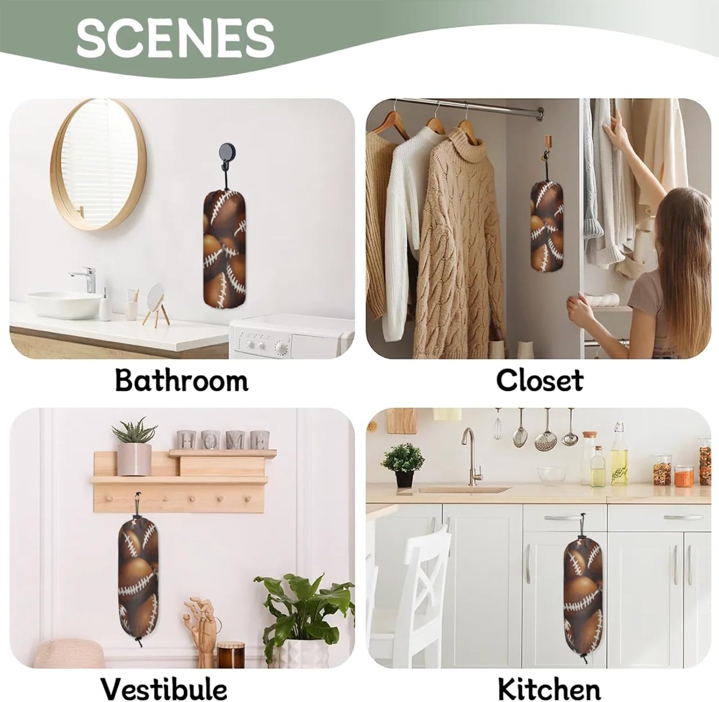 American Football Plastic Bag Holder 2 Pcs Grocery Bag Organizer Reusable Trash Bags Organizer Wall Mount Washable Kitchen Dispenser Holders with Drawstring Closure