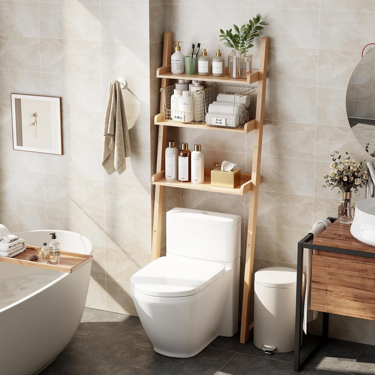 Over The Toilet Storage Shelf Wood, 3-Tier Above Toilet Organizer Rack, Freestanding Above Toilet Shelf for Bathroom, Laundry, Space Saver, Natural Color.