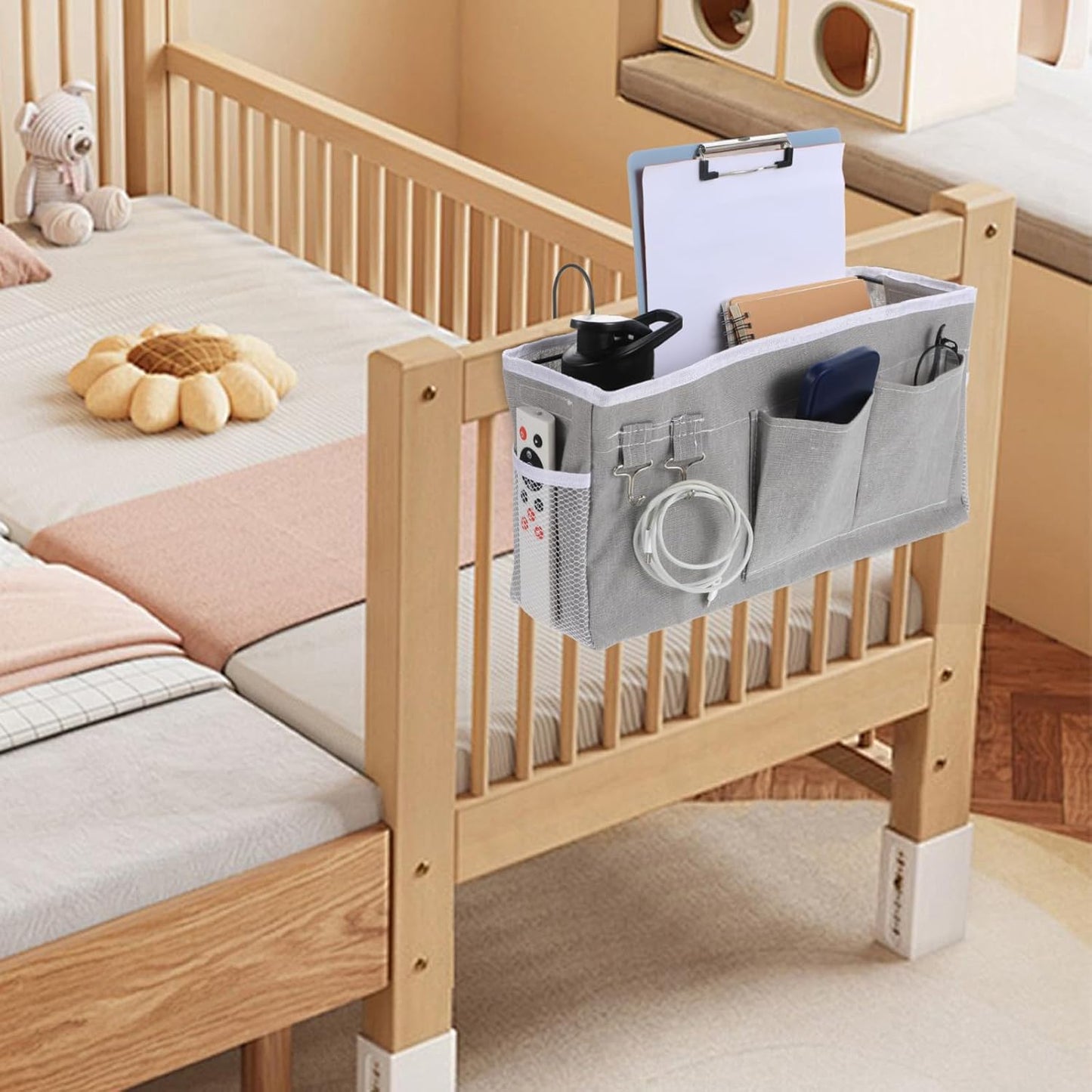 2 Pack Bedside Storage Caddy Organizer Bedside Hanging Storage Bag with Pockets for Headboards Bunk Beds Dorm Rooms Book Phone Magazine Holder Bunk bed Shelf Accessories (Grey)