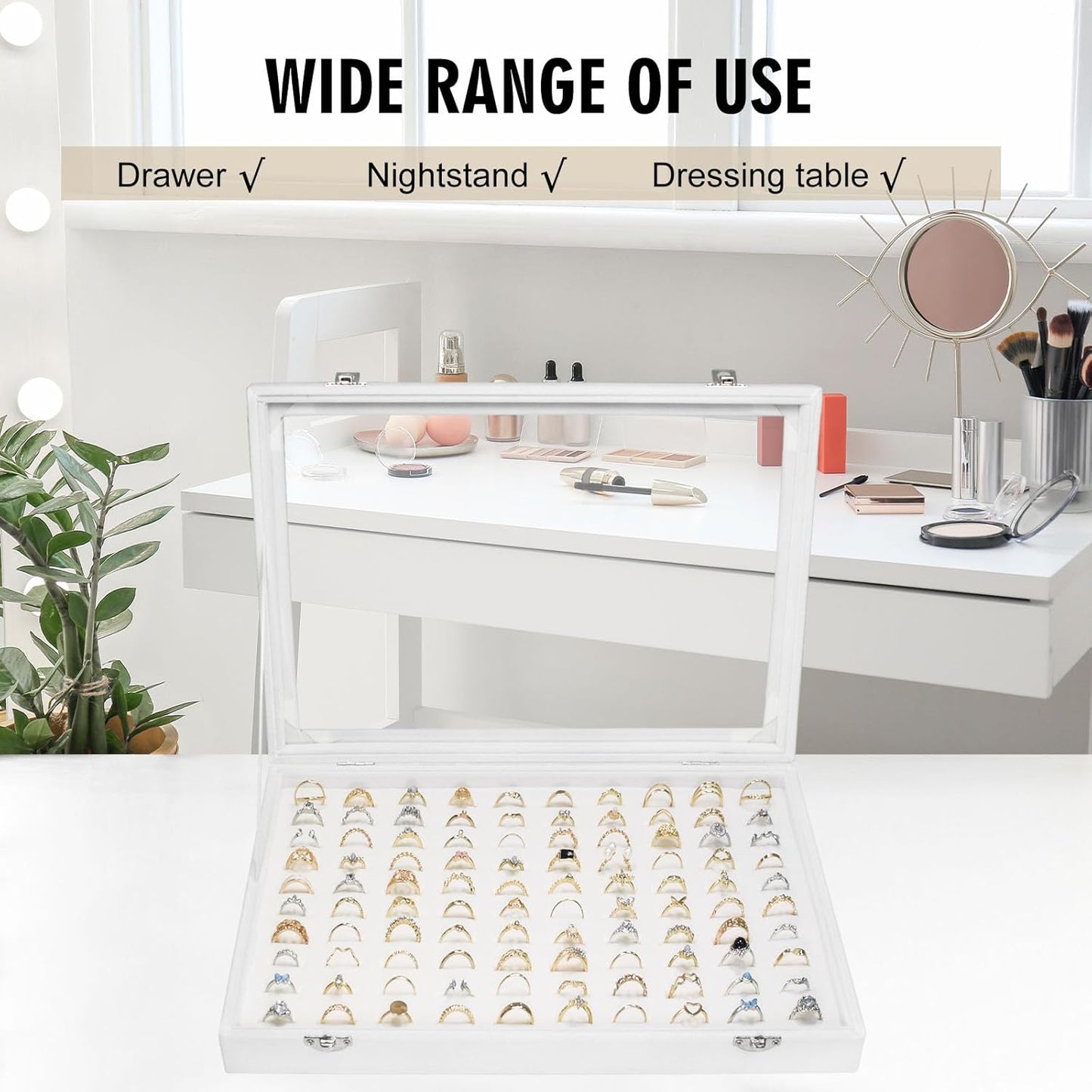 Velvet Ring Display Tray Organizer Box with Transparent Lid, 100 Slot Ring Holder Showcase For Store Display Jewelry Show Home, Ring Organizer For Rings Earrings (Ivory)