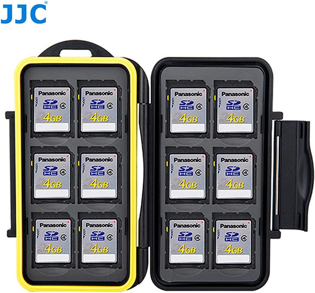 JJC MC-SD12 Ruggard SD Card Case, Shockproof SD Card Case, Water-Resistant SD Card Case, Rubber Sealed Ergonomic Locking Easy Carrying Memory Card Case Fits 12 SD Cards