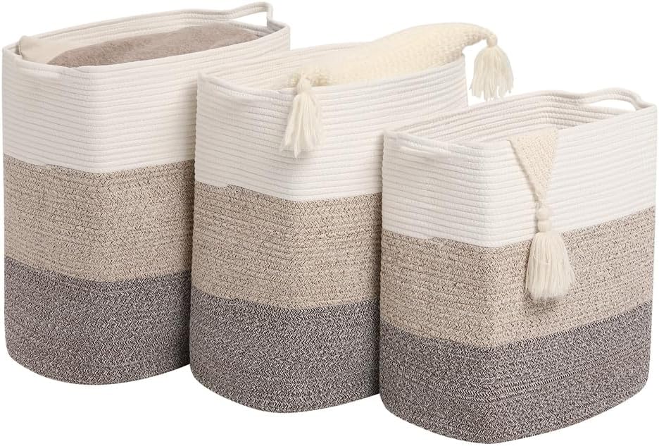 Tall Laundry Basket With Handles,Woven Cotton Rope Big Laundry Hamper Sorters,Versatile Storage for Dirty Clothes,Baby Toys,and Blankets in Bathroom, Nursery,and Living Room (Gradient Brown, 50L)