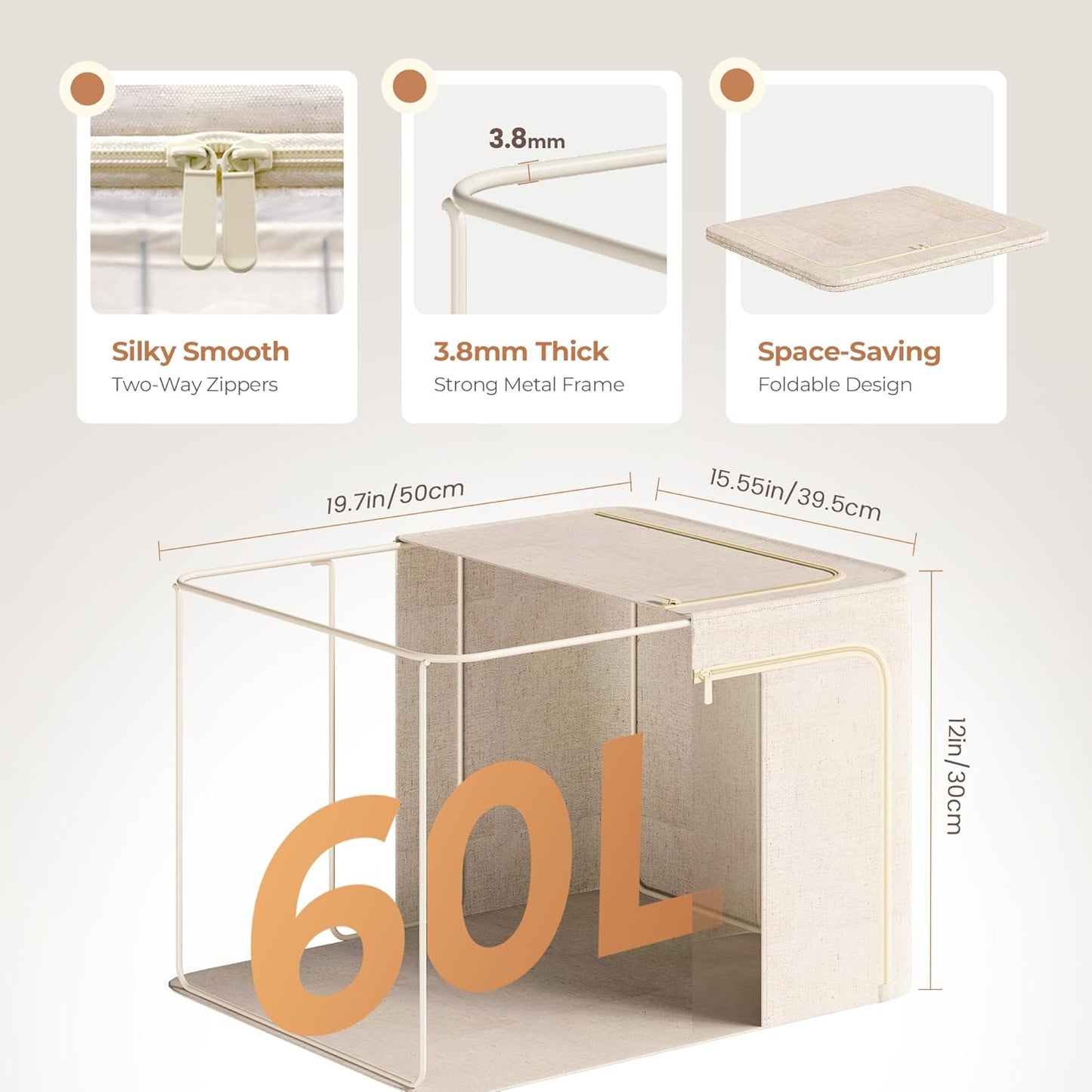 6Pack 60L Large Cloth Storage Bins with Metal Frame, Linen Storage Box with Clear Window, Stackable Sweater Storage for Closet, Clothes Storage Containers for Comforters, Blankets, Quilts, T-shirt