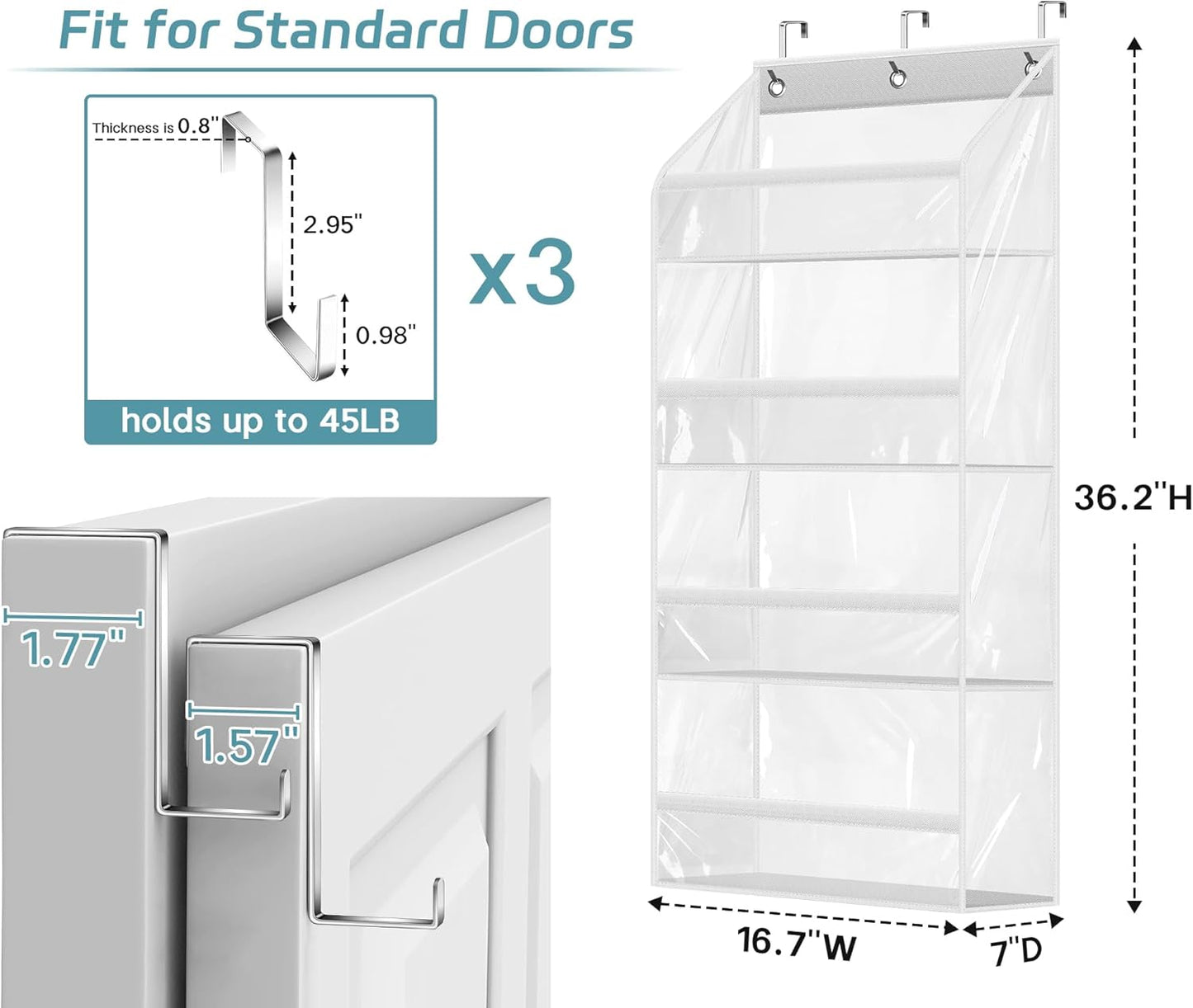 AOODA Clear Over the Door Hat Racks for Baseball Caps, Hold 48 Caps Hat Storage Organizer for Closet Wall, Deep Pockets Hanging Snapback Holder Shelves with 3 Hooks, White