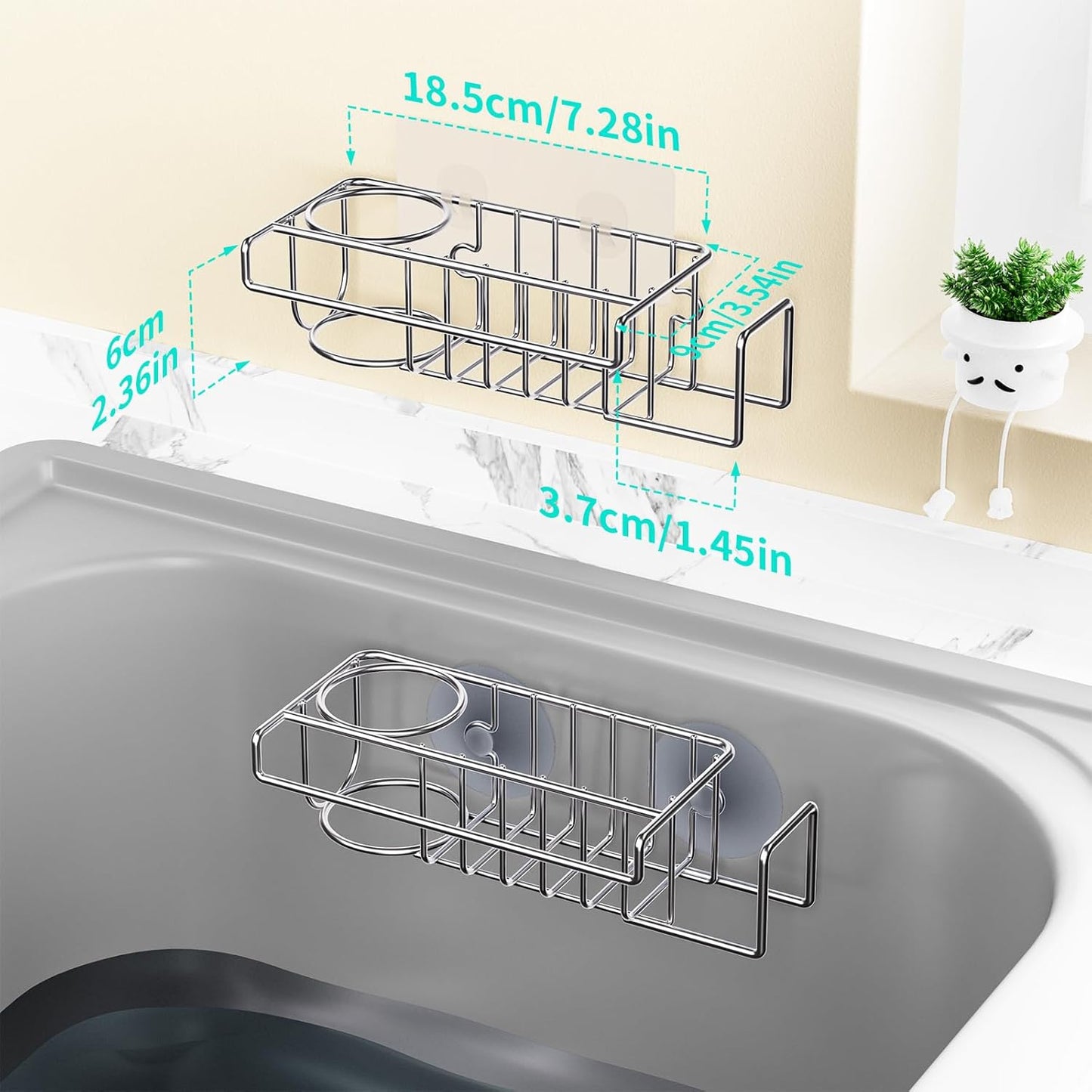 HapiRm Sink Caddy Sponge Holder - No Drill Sponge Caddy for Kitchen, Rustproof and Waterproof Kitchen Sink Organizer - Silver(2-Pack)
