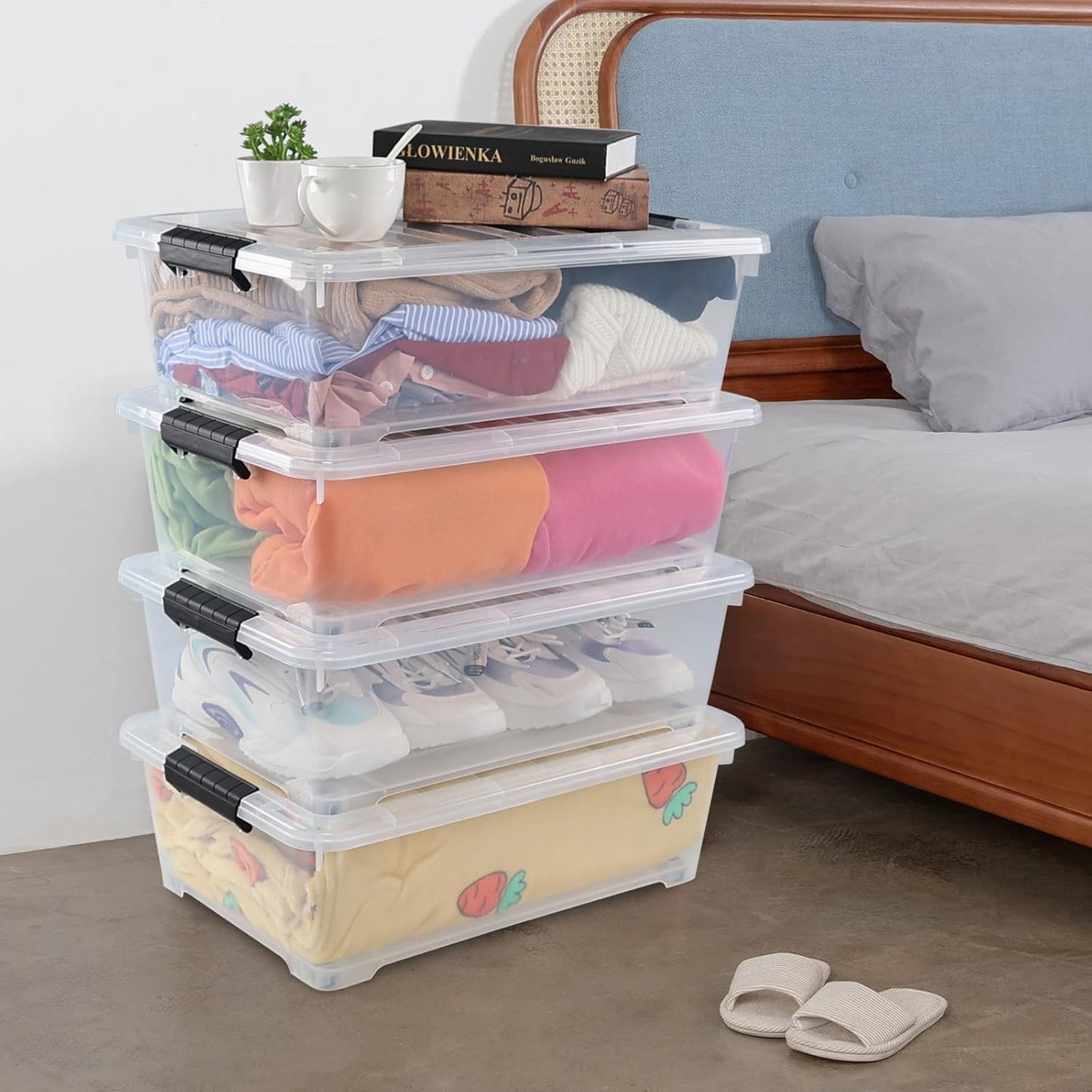 Xyskin 4 Packs 20 Quart Plastic Under Bed Storage Box, Clear Stackable Container Bins for Clothes, Blankets, Winter Clothing, & Shoes