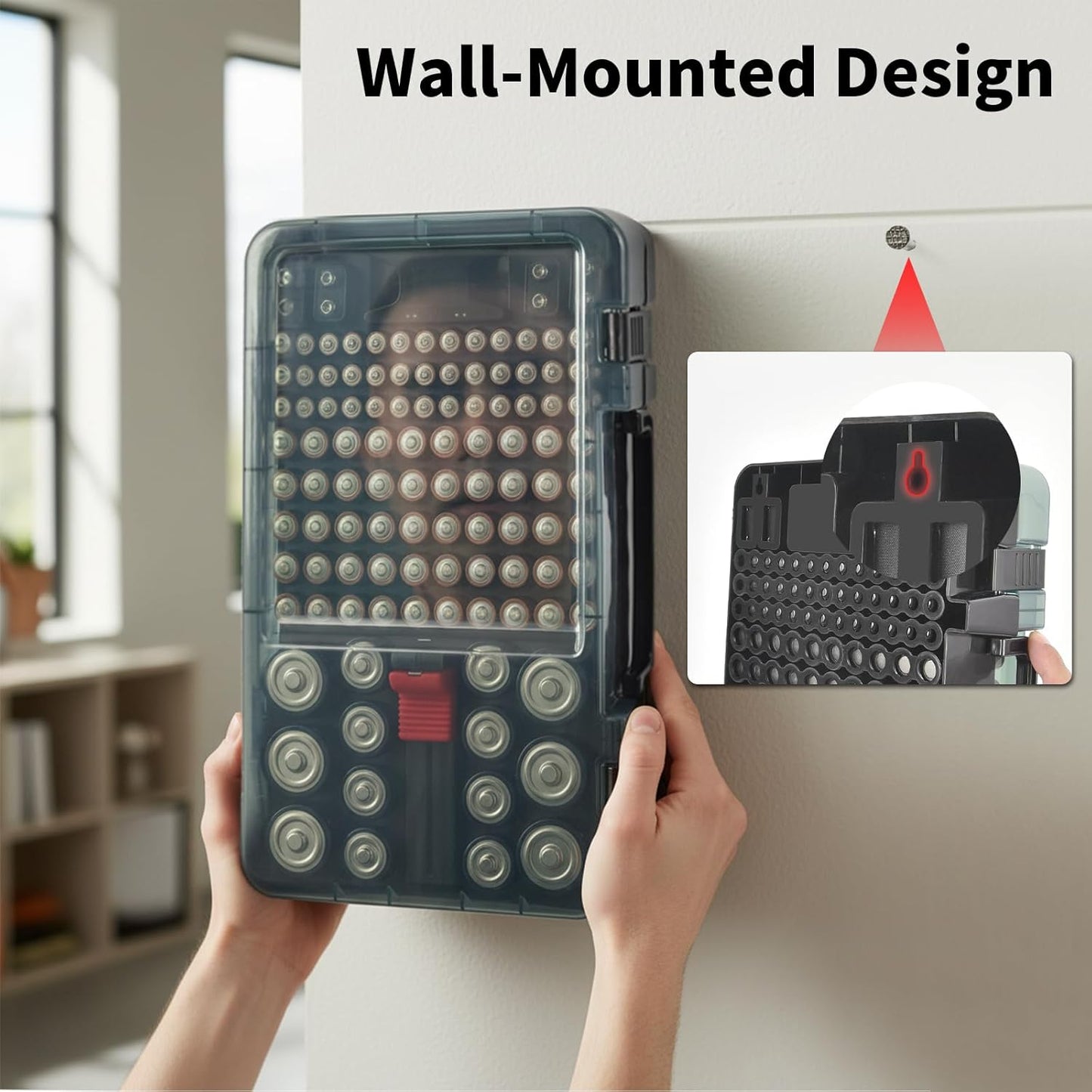 Battery Organizer with Tester, Battery Box Holder for 120+ AA AAA C D 9V 3V Lithium LR44 CR2 CR123 CR1632 18650 Batteries with Wall-Mounted Design (Black)