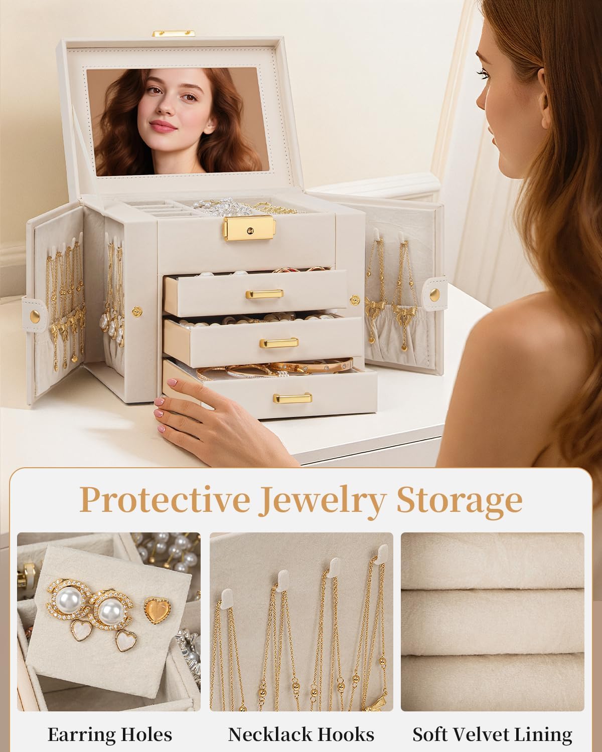 TORIBIO Jewelry Box for Women, Leather Jewelry Organizer with Mirror & Lock, 4-Tier Jewelry Storage Organizer with 3 Drawers for Girls/Women/Mothers, Necklace Earring Bracelets Holder Organizer
