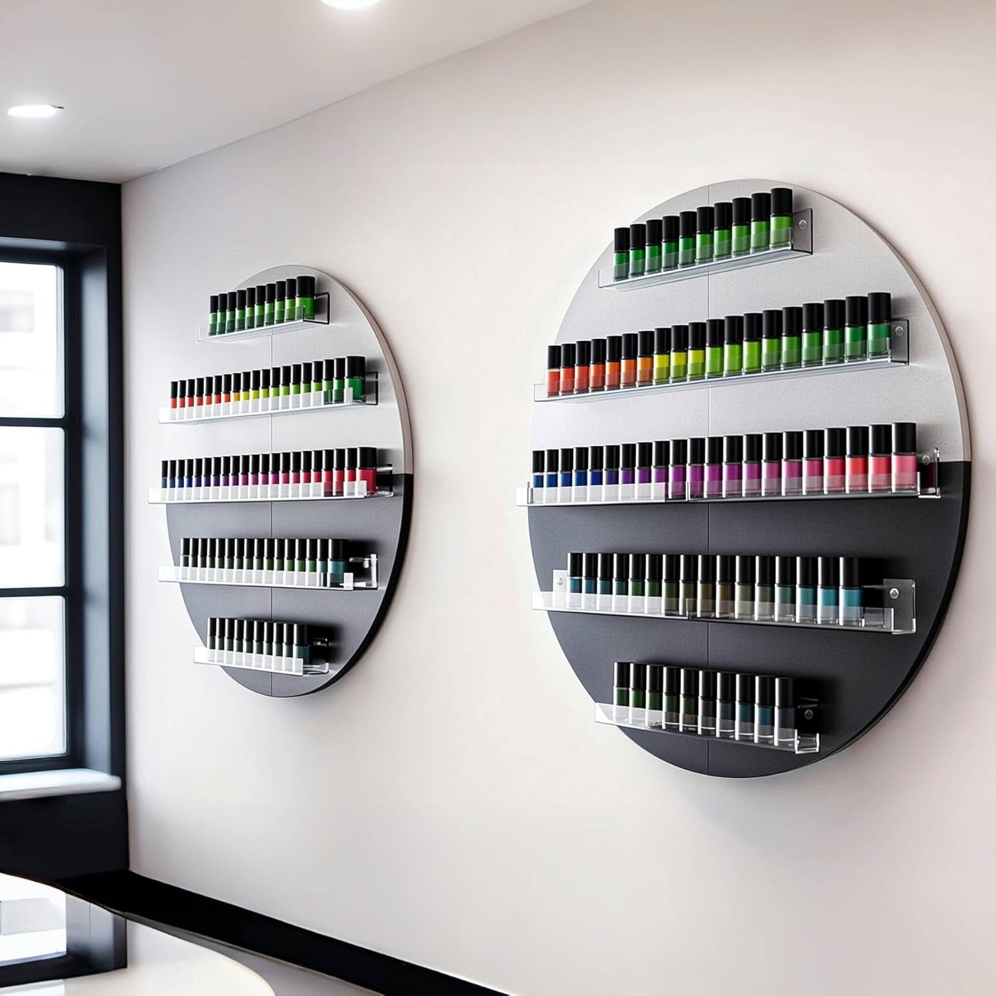 Wall Mount Nail Polish Organizer, Wood Nail Polish Rack w/Acrylic Barrier, 5-Tier Round Storage & Display Shelf, Perfume Essential Oil Bottles Holder, White & Black