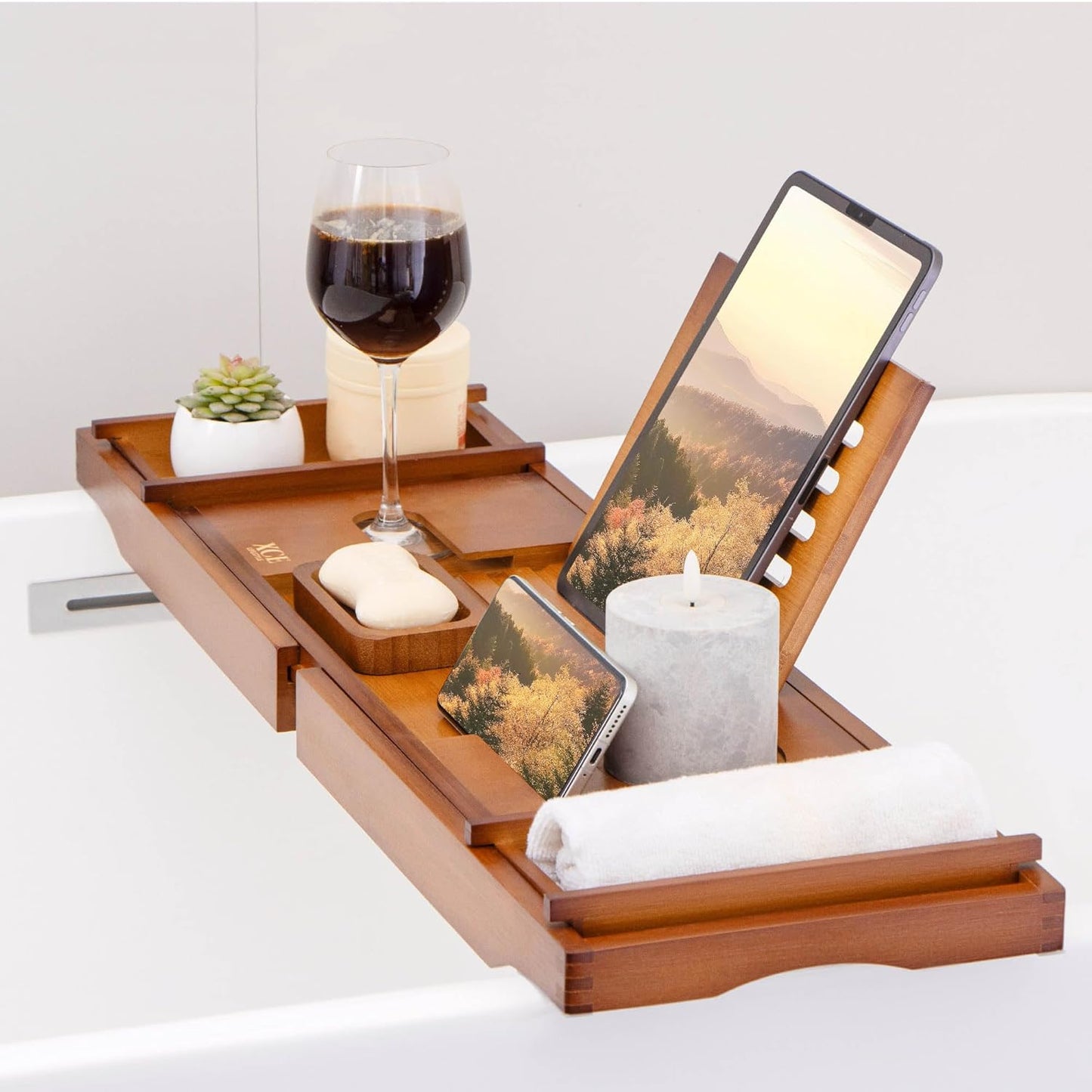 XcE Bamboo Bathtub Caddy Tray - Expandable to 41 Inches with Book Stand, Soap Holder & Anti-Slip Pads for Luxury Bath Spa, Brown