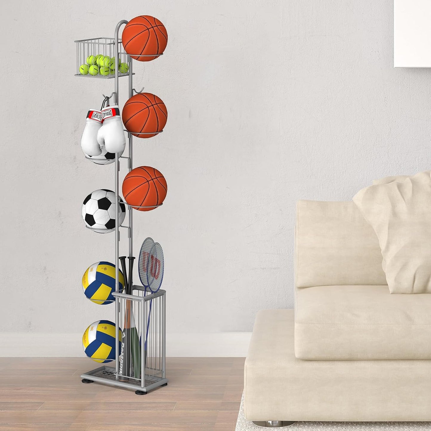 7 Tier Ball Storage Rack, Basketball Holder, Garage Sports Equipment Organizer with Basket & Hooks, Basketball Rack for Indoor/Outdoor, Ball rack for Basketballs Footballs Volleyball, Silver