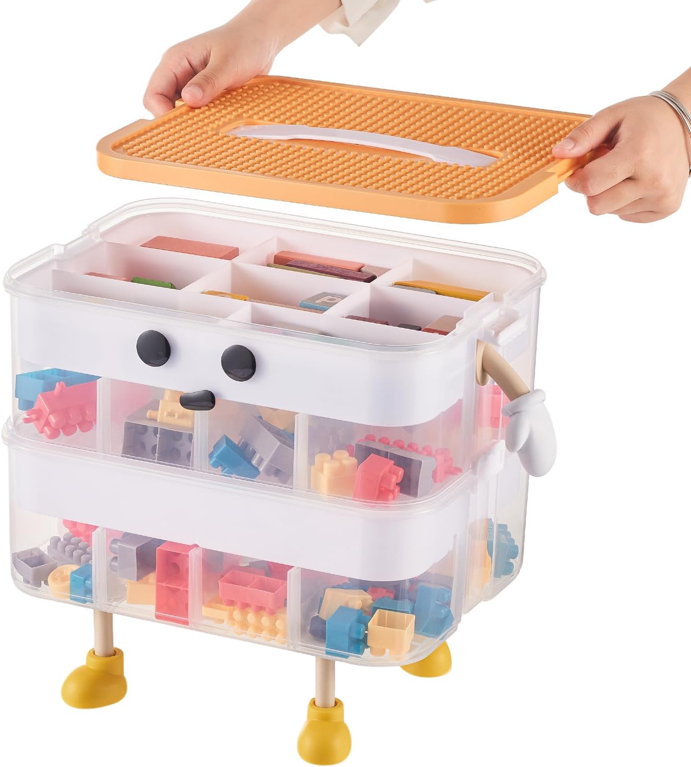 Organizers Storage Box for lego: Plastic Stackable Storage Case with Building Blocks Lids, Containers with Carrying Handle and Adjustable Grid Organizers, 2 Layer Green