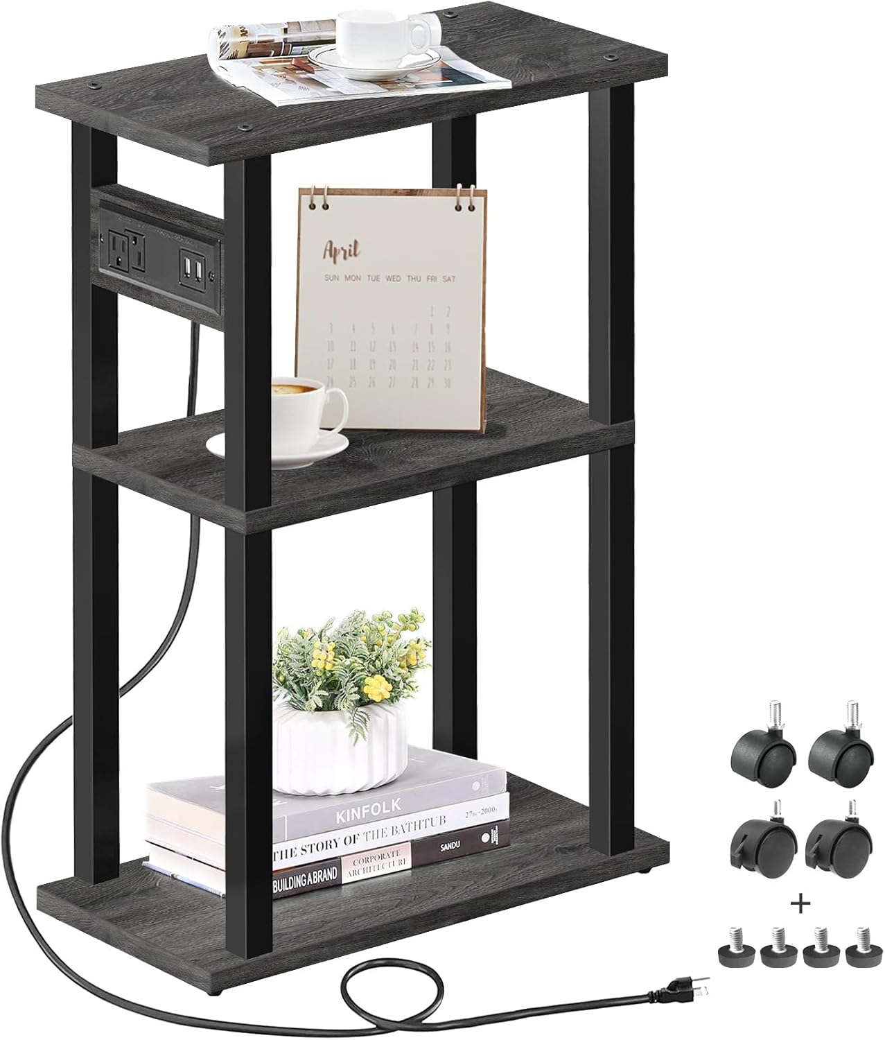 TUTOTAK Small Narrow Side Table with Charging Station, Skinny End Table for Small Spaces, Slim Nightstand with USB Ports and Outlet, Sofa Beside Table with Wheels, Charcoal Grey TB01BY046