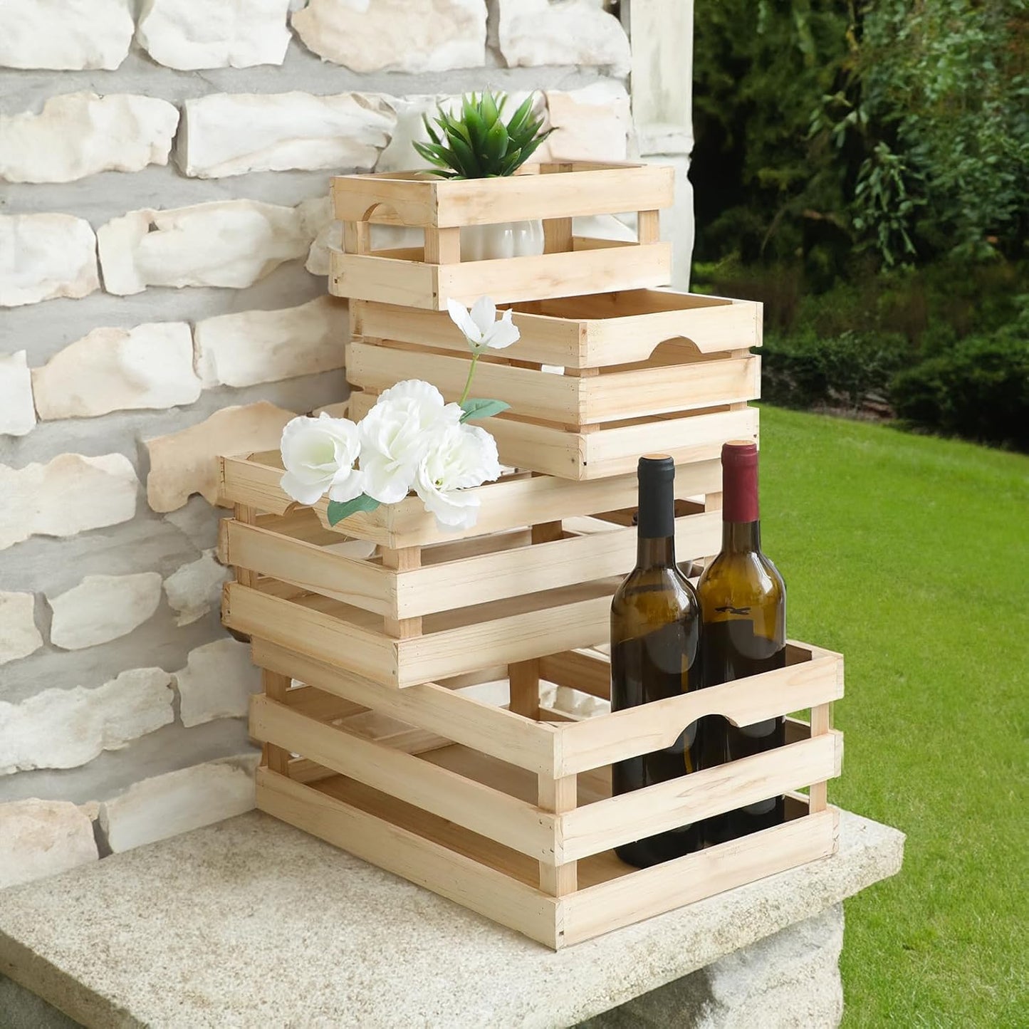 Large Wooden Crates Unfinished Set of 4 Storage Crates, Decorative Wood Storage Crate for Display Rustic, Nesting Wooden Container Boxes Made from 100% Wood