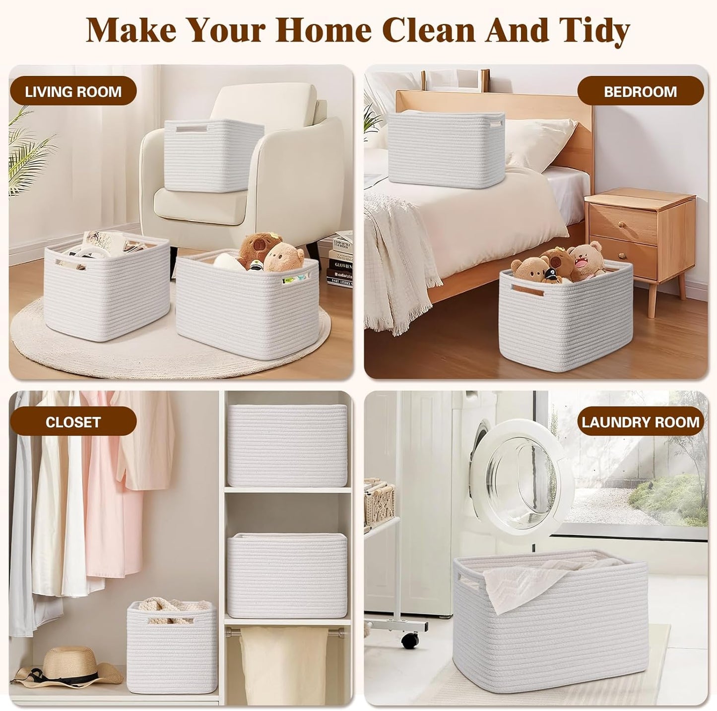 Storage Baskets for Organizing, 4 Pack Storage Baskets for Shelves, Woven Basket for Shelves, Closet Organization, Rectangle Organizer Basket Gifts Empty, 13"Lx8.7"Wx7.9"H Decorative Bins with Handles
