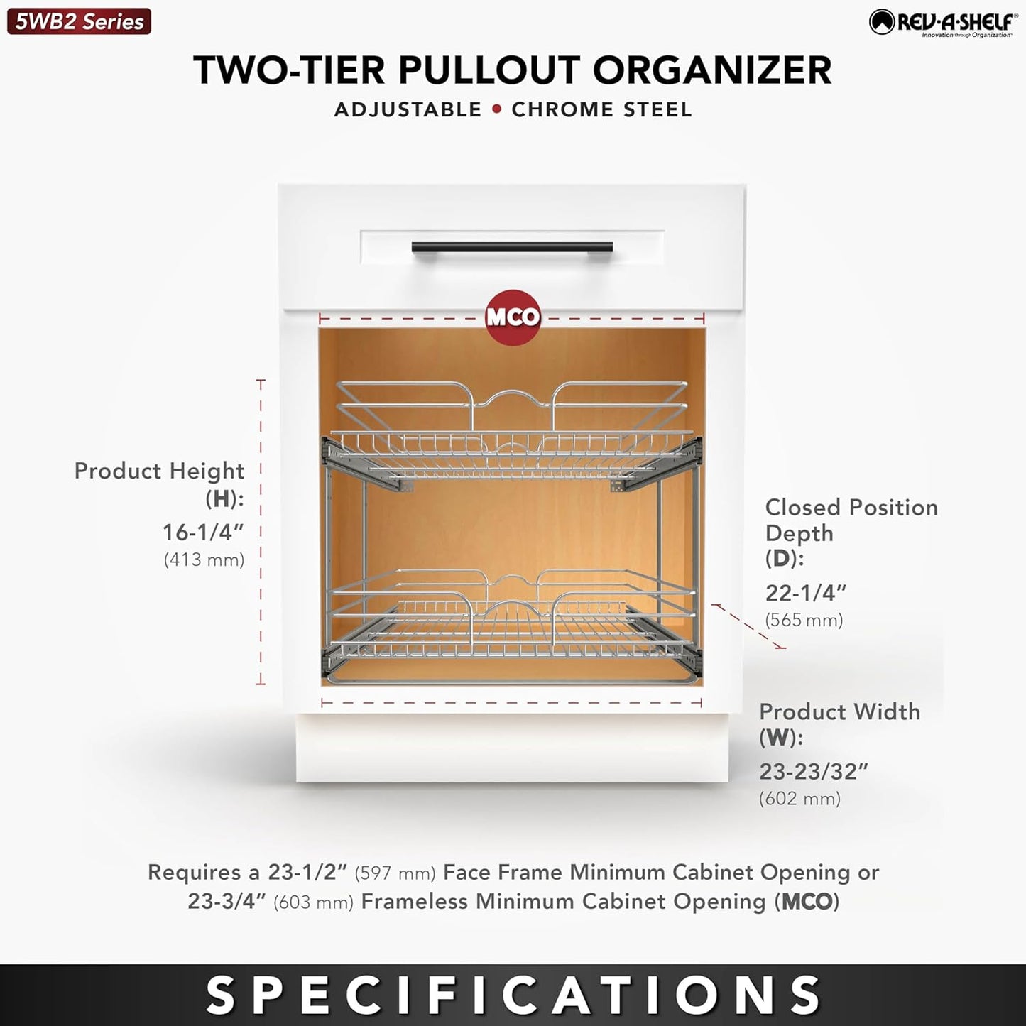 Rev-A-Shelf 2-Tier Kitchen Cabinet Pullout Shelf and Drawer Organizer Slide Out Pantry Storage Basket in Multiple Sizes, 24 x 22 In, 5WB2-2422-CR-1