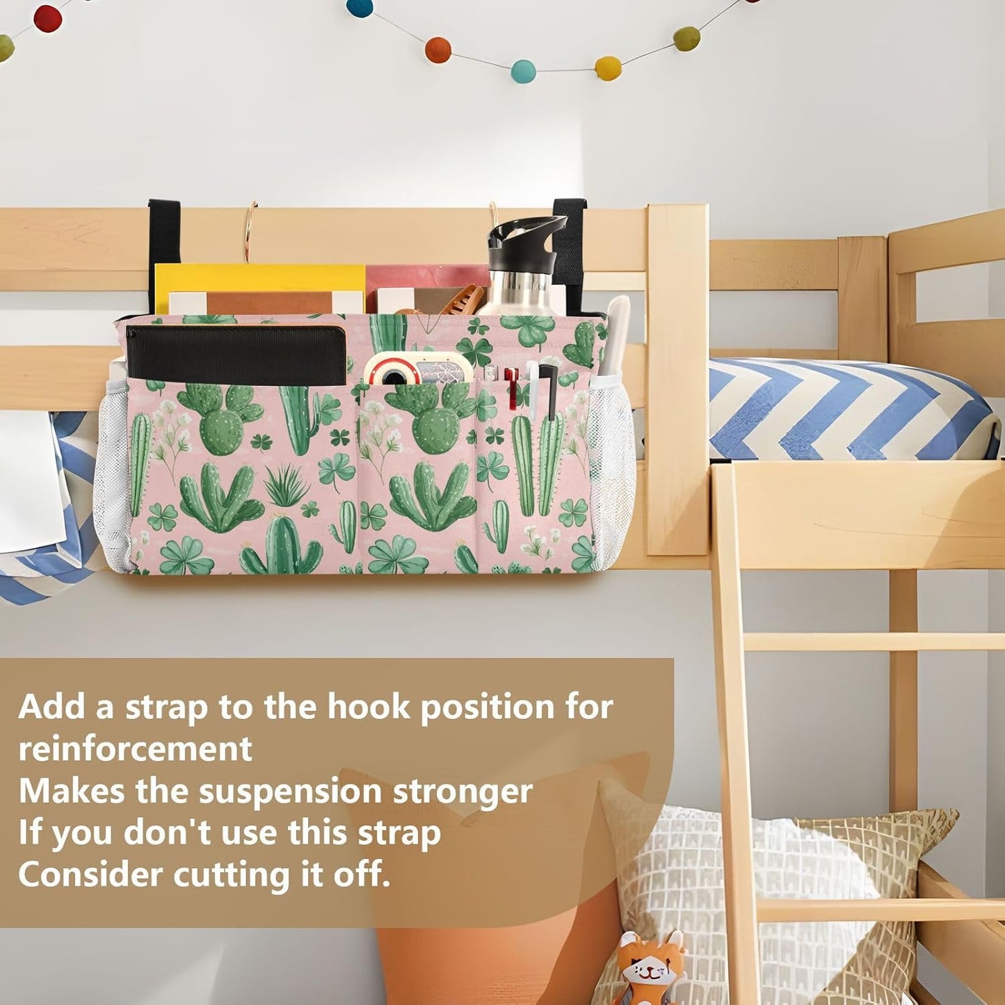 Floral Pink Cacti and Clovers Bedside Caddy for Dorm Bed Bedside Hanging Caddy Bag Iron Frame Storage Organizer Pocket for Bunk Home College Hospital Beds 2 Hooks
