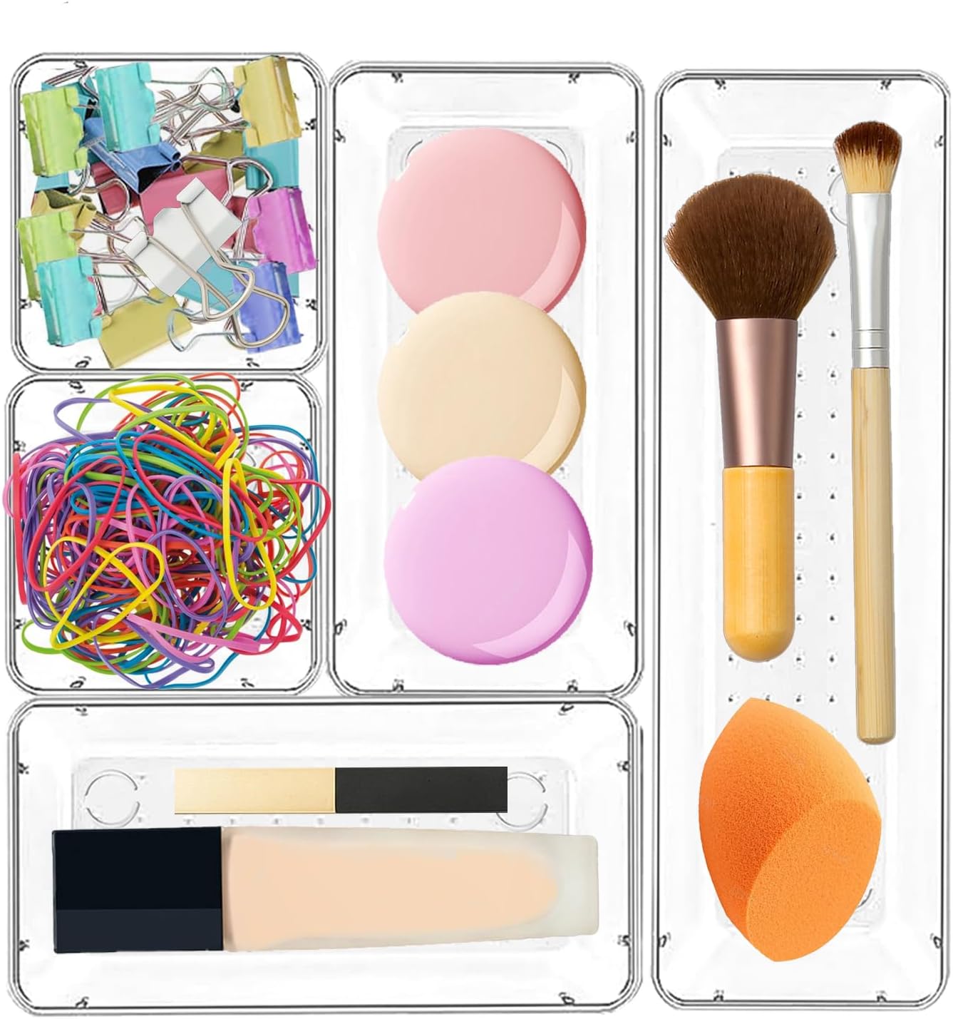 6 Pack Clear Drawer Organizer Set,Versatile Bathroom and Vanity Organizer Trays,Acrylic Drawer Storage Trays,Storage Bins for Makeup Jewelries,Cosmetics,Gadgets,Kitchen Utensils and Office