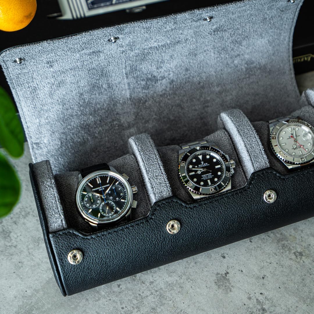 DailyWatch | Watch Roll Travel Case For 3 Watch | Luxury Watch Case In Genuine Black Leather With Soft Velvet Interior | Watch Case Protect, Store, & Display Your Watches | Black Grey