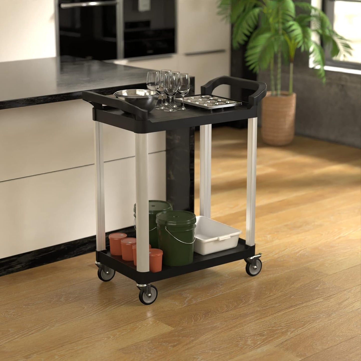 Black Utility/Bussing Cart with Two Shelves - 32" x 16"