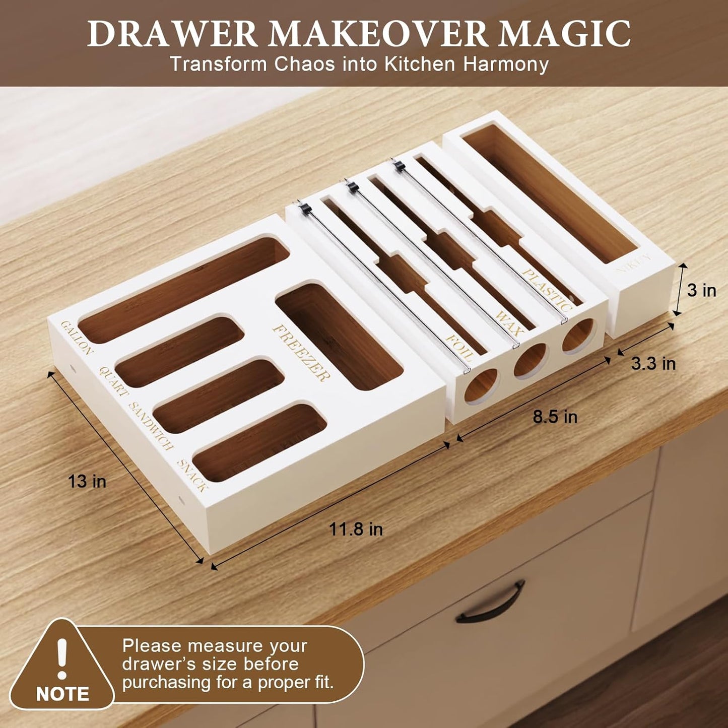 Bamboo Foil and Plastic Wrap Organizer for Kitchen Drawer, 2024 New 9 in 1 Plastic Bag Organizer Organization and Storage, Food Storage Bag Organizer with Labels for Quart Gallon Snack (White)