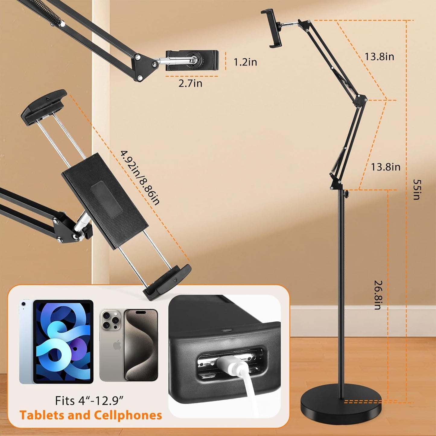 Tablet Floor Stand with 12lb Base - Adjustable Height Heat-Resistant Anti-Scratch Stretchable Swivel Holder, Compatible with iPhone iPad Pro Air Mini, Samsung, Kindle, Cell Phones 4.7"-13" - Large