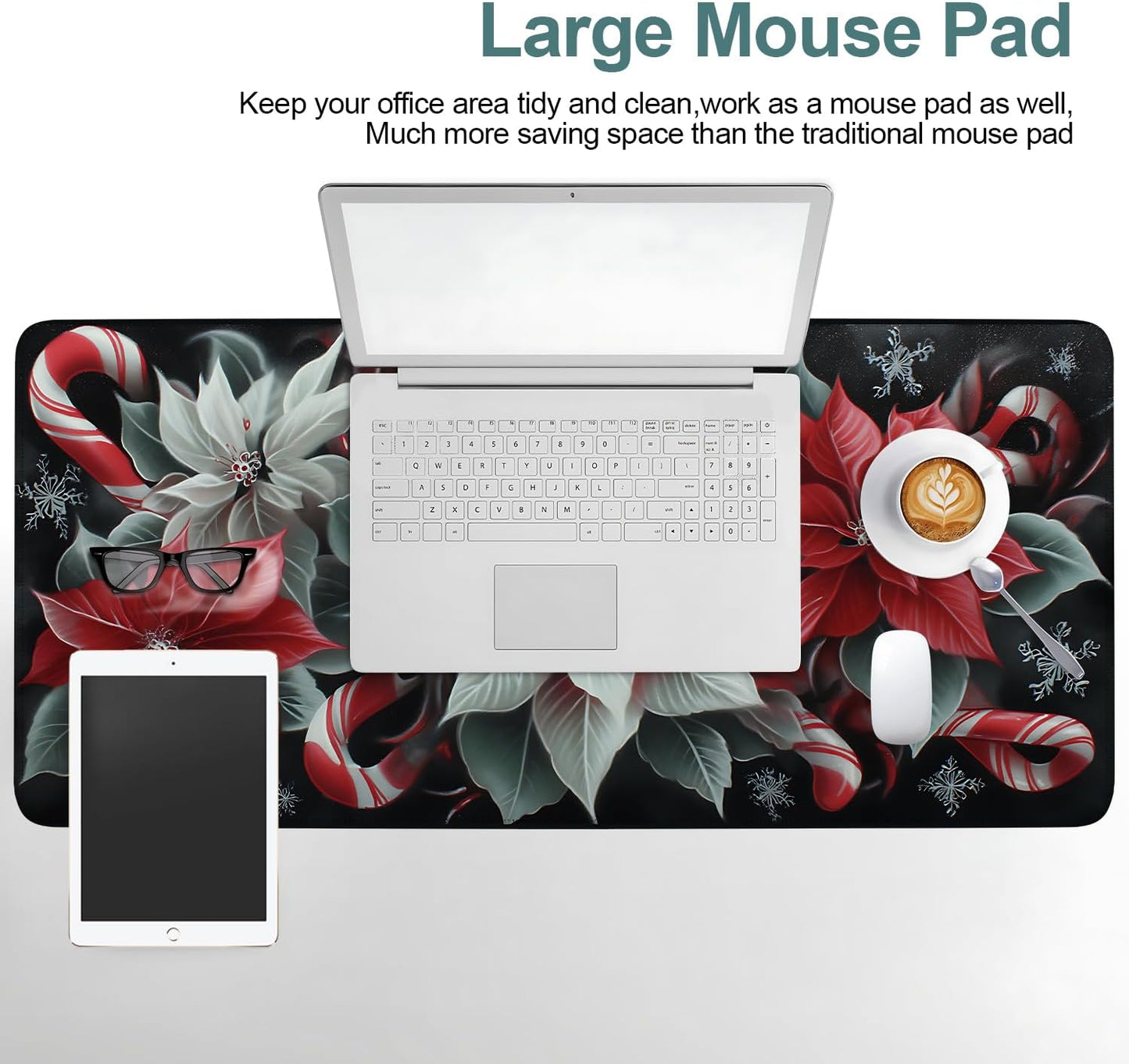 Christmas Flowers Gaming Mouse Pad 35.4"x15.7"Desk Mat Anti-Slip Rubber Base & Durable Stitched Edges for Gamers Smooth Mouse Writing Surface for Desk Office/Home