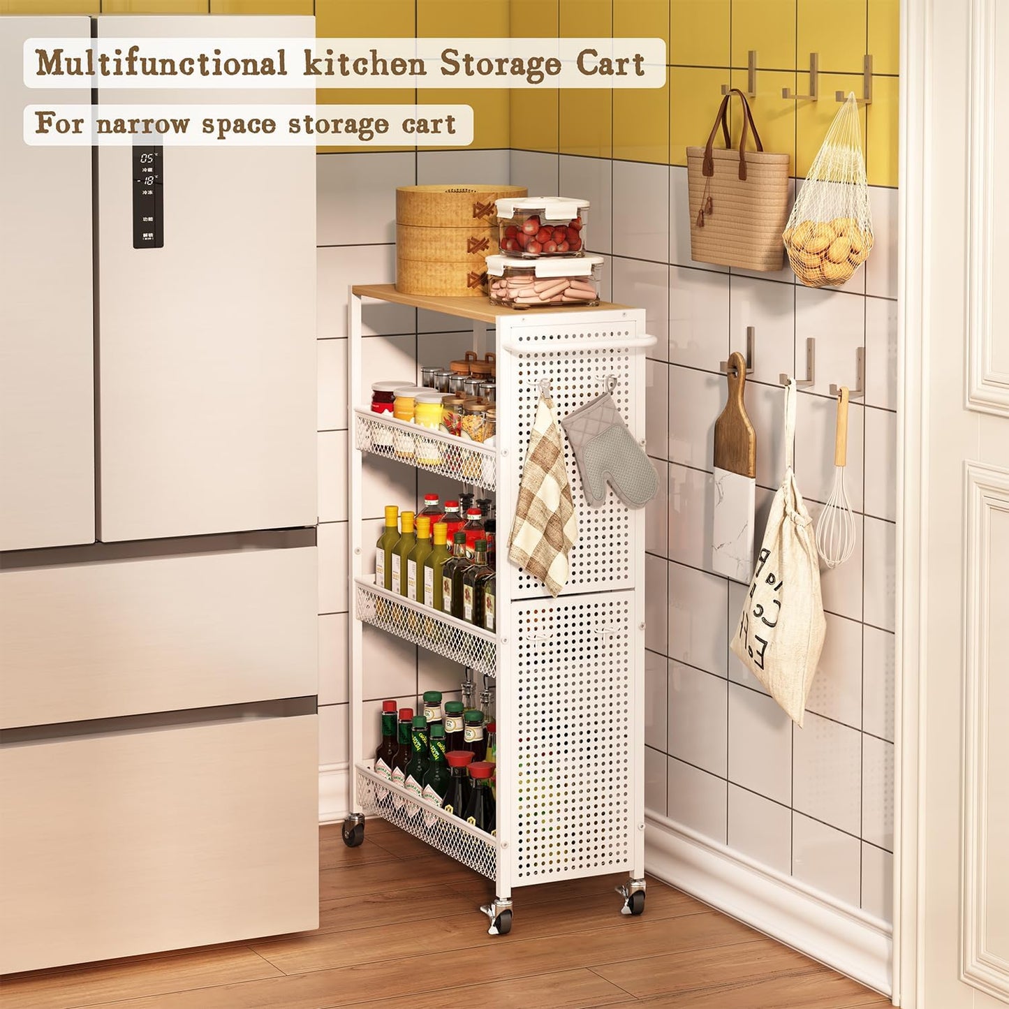 Utility Slim Storage Cart 4 Tier Small Rolling Kitchen Laundry Room Organization Cart with Wood Top Metal Narrow Laundry Room Shelves Cabinet Unit Laundry Organizer Trolley with Handle for Small space