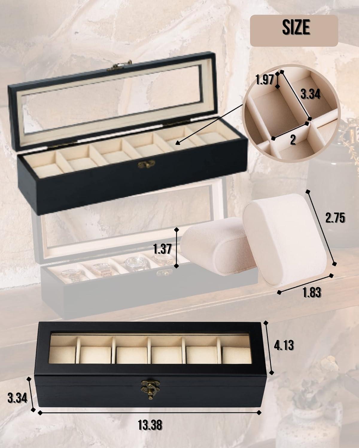 Watch Box, Watch Case for Men Women with Large Glass Lid, Wooden Watch Display Storage Box with 6 - Slots, Charcoal Black Mens Watch Box Organizer