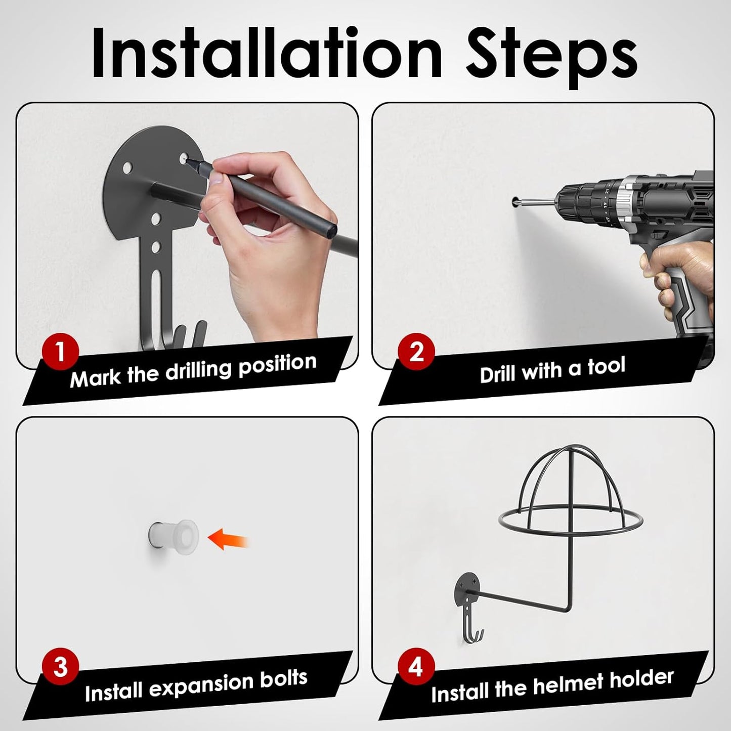 Helmet Holder Wall Mount, 4 Pack Metal Motorcycle Helmet Holder with Hooks Multifunctional Helmet Storage Rack for Helmets, Hats, Jackets