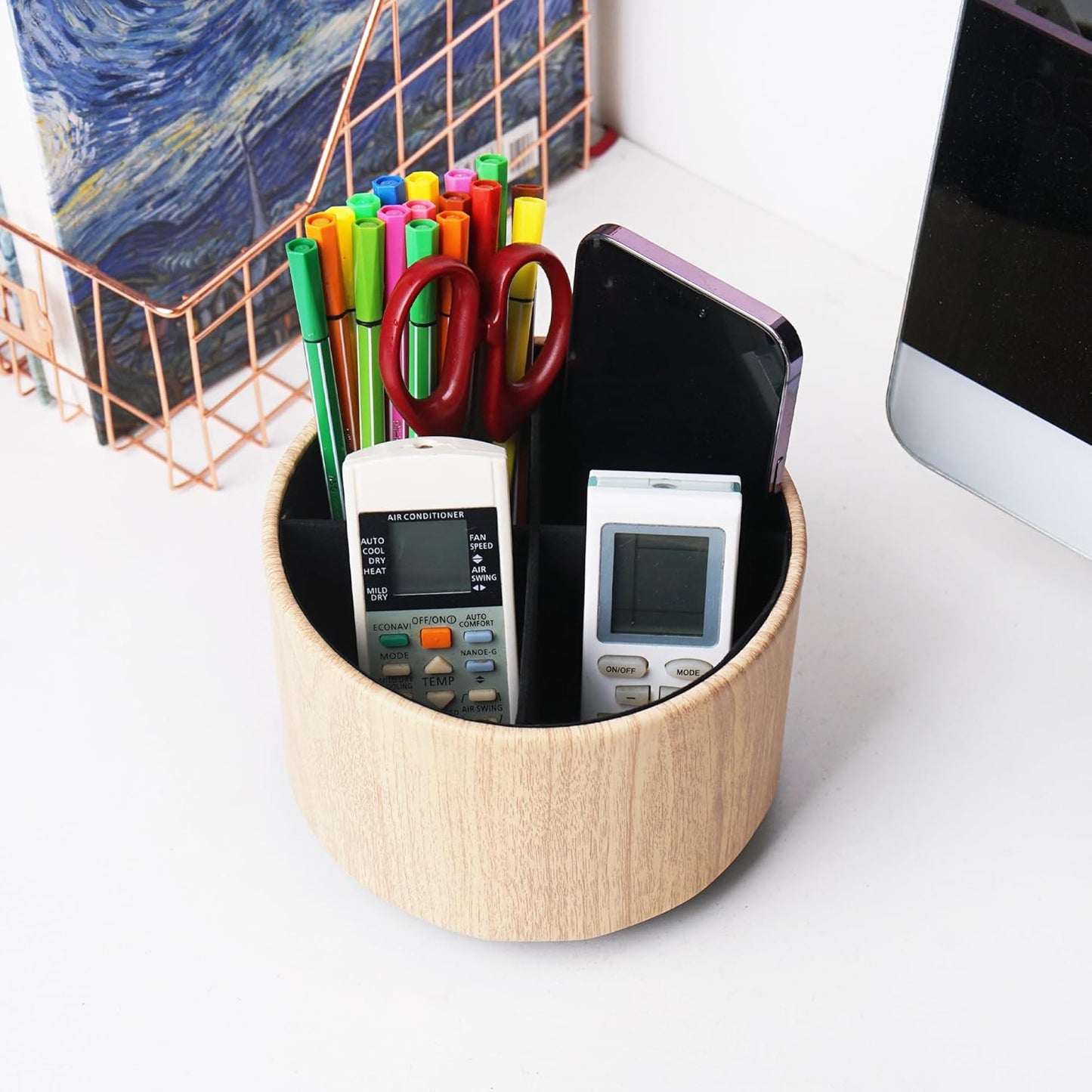 Round Leather Art Supply Organizer,Remote Control Holder,360 Degree Spinning,Multi-Functional Pencil Holder,4 Compartments Desktop Stationary Organizer(1-Thin Wood Yellow)