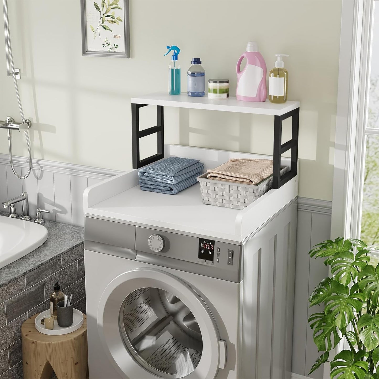 Washer Dryer Countertop with Shelf, 27.5″D x 27.5″W x 16.7″H, Countertop for Washer and Dryer Top with Non-Slip Pads and Edge Rails, Laundry Room Storage and Organization(White)