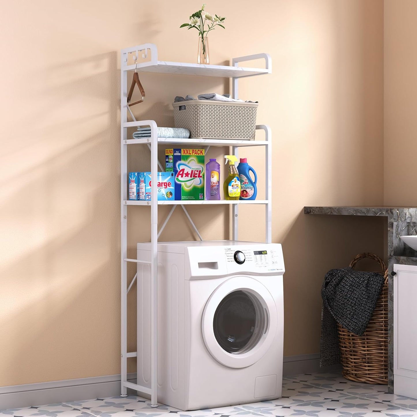 Over The Toilet Storage Rack with 3-Tier Bathroom Shelves, Space Saver Toilet Shelf, Bathroom Storage Organizer with Hooks for Over Toilet Storage and Bathroom Shelf (White Faux Marble)