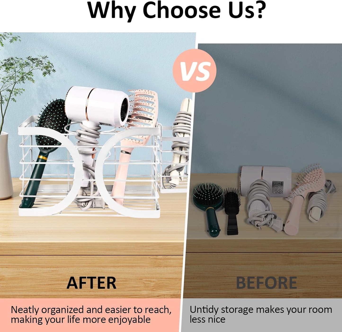 Elegant White Wall Mounted Hair Dryer Holder - Stylish Bathroom Organiser for Hair Dryer & Straightener, Hair Brush & Accessories