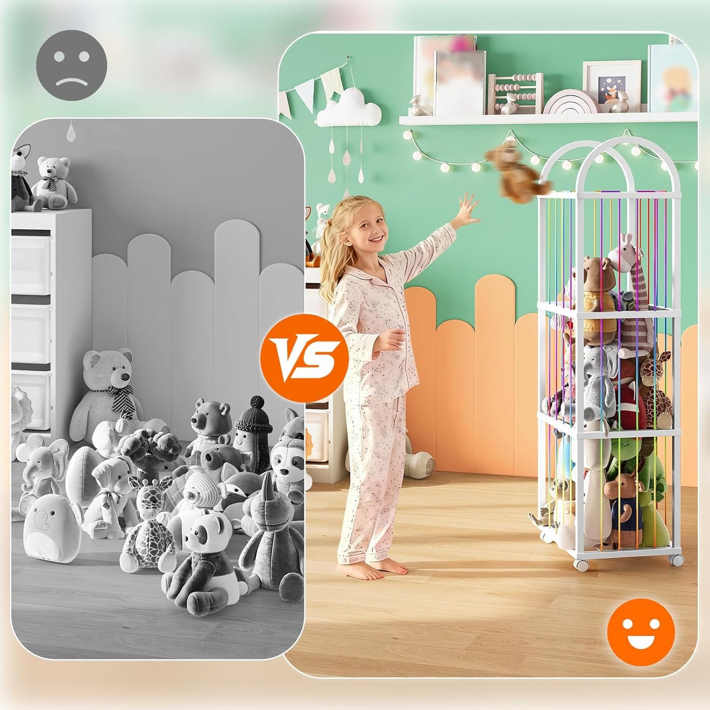 HOOBRO Stuffed Animal Storage, Kids Toy Zoo Storage Organizer with Wheels and Elastic Band, Large Stuffed Animals Holder for Nursery, Playroom, Living Room, White WT128CW01