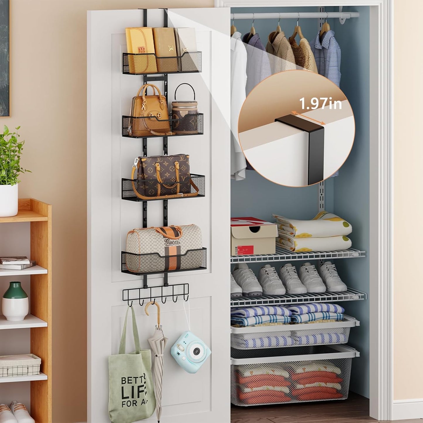Purse Organizer Over The Door,Adjustable Durable Metal Purse Holder Handbag Purse Organizer for Closet with 5 Hooks Medium