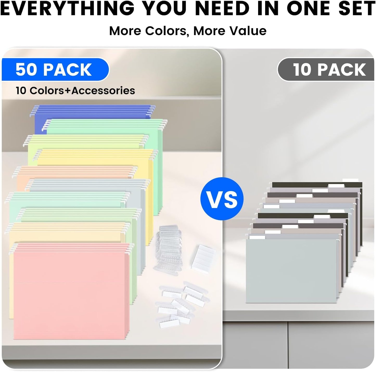 50-Pack Morandi Hanging File Folders, Letter Size with 55 Transparent Label Cards, 60 Sticker Labels,1/5-Cut Tabs–Home Office & Filing Cabinets